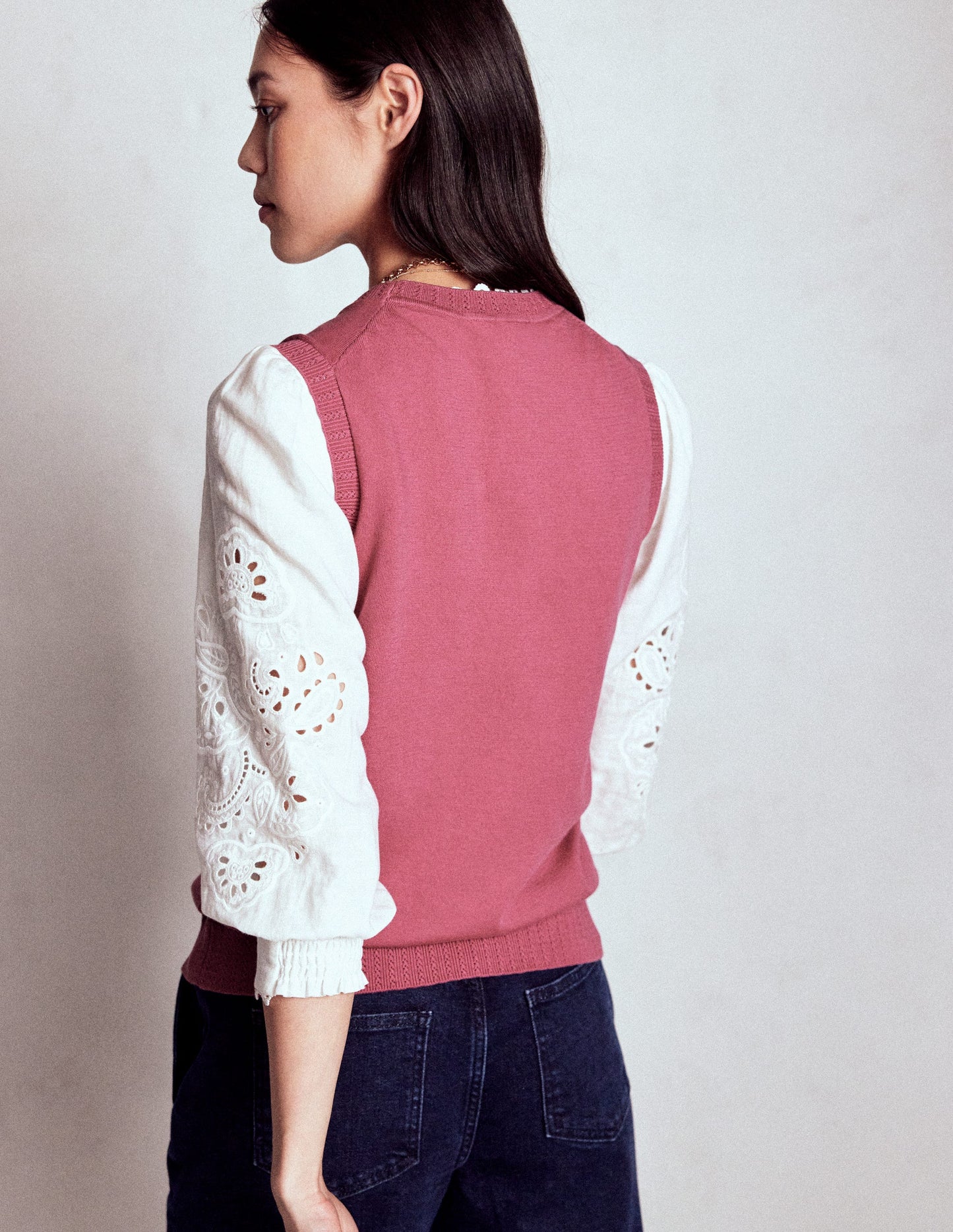 Emilia Cotton Crew Neck Vest-Pink Heather