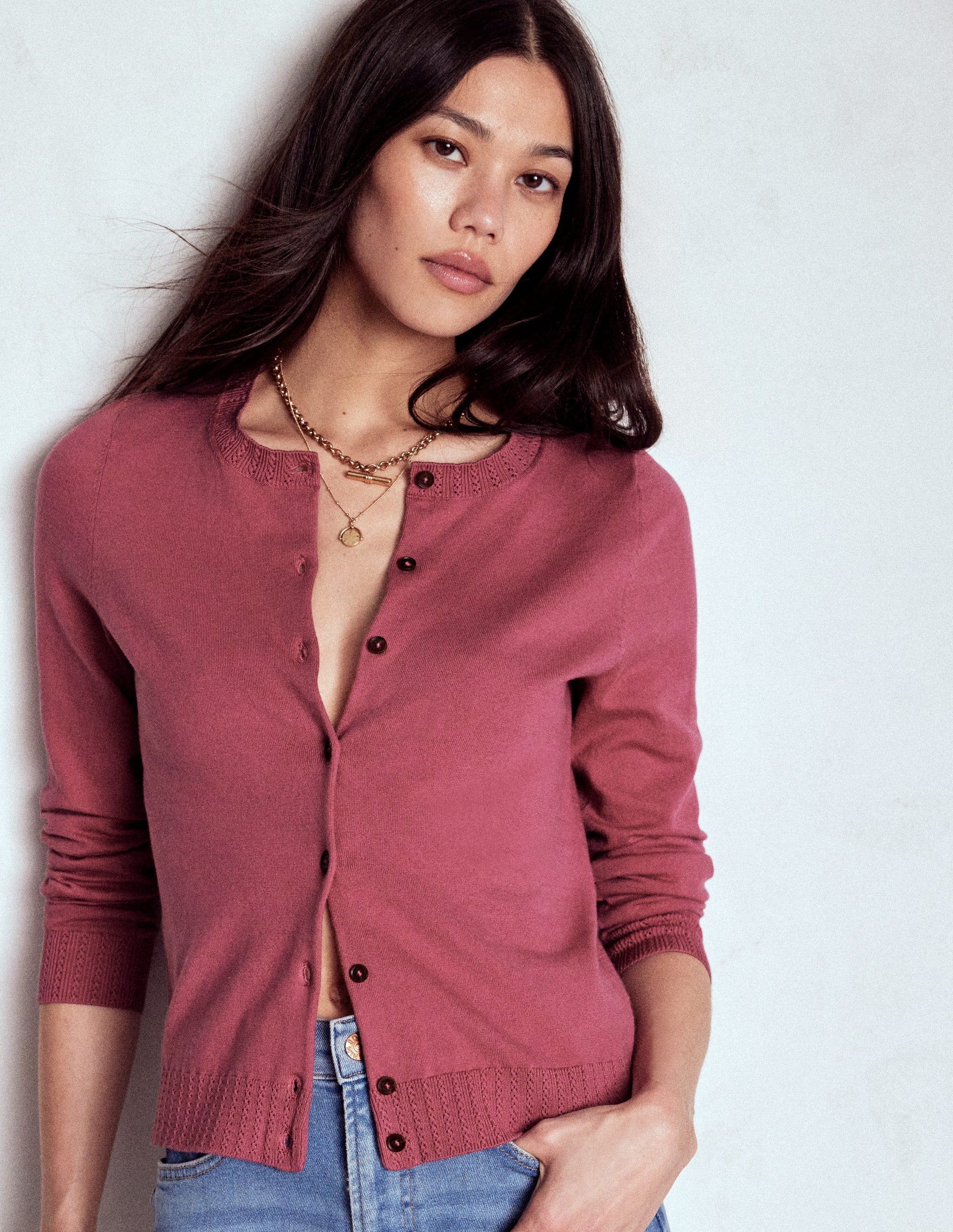 Emilia Cotton Crew Cardigan-Pink Heather-1