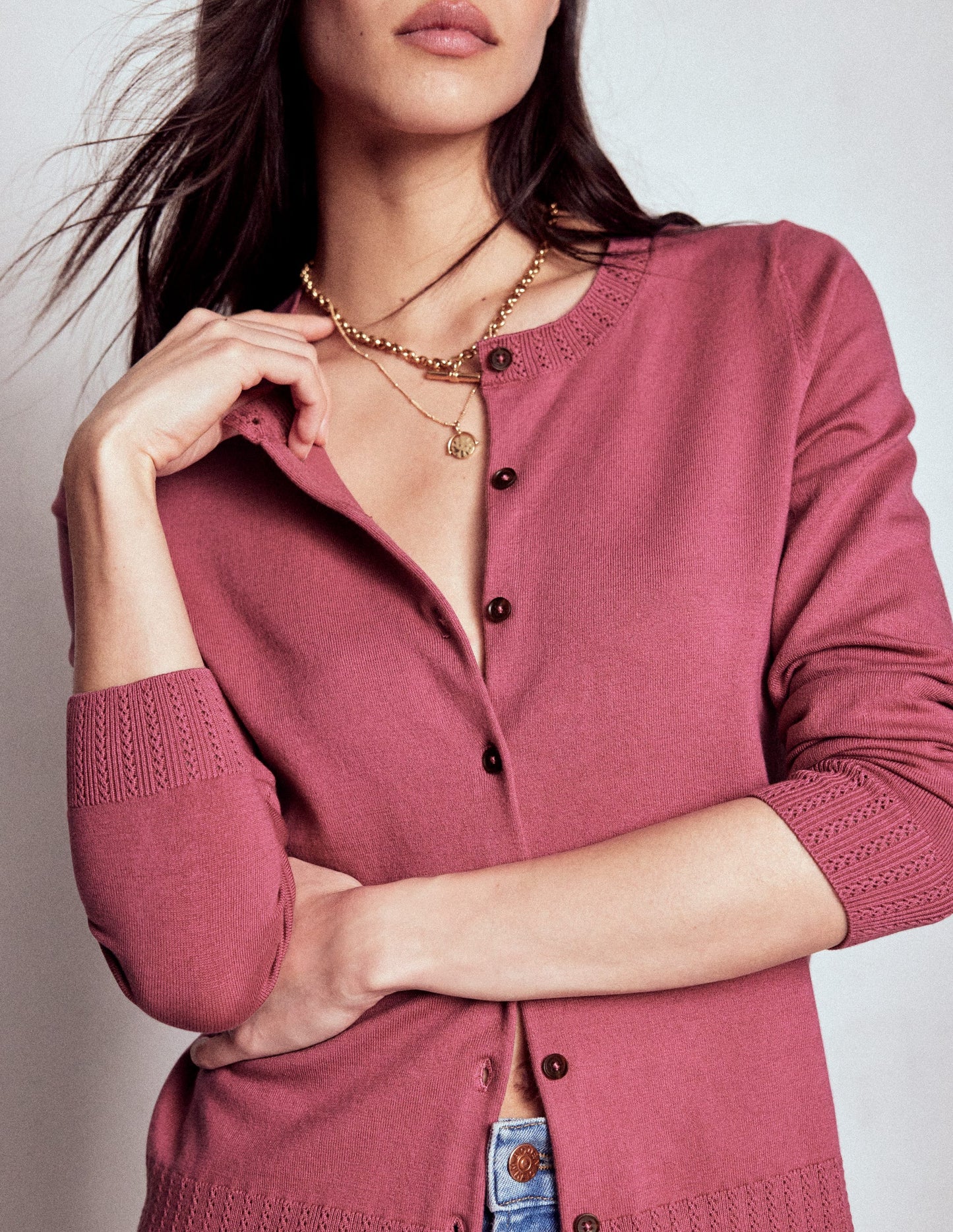 Emilia Cotton Crew Cardigan-Pink Heather