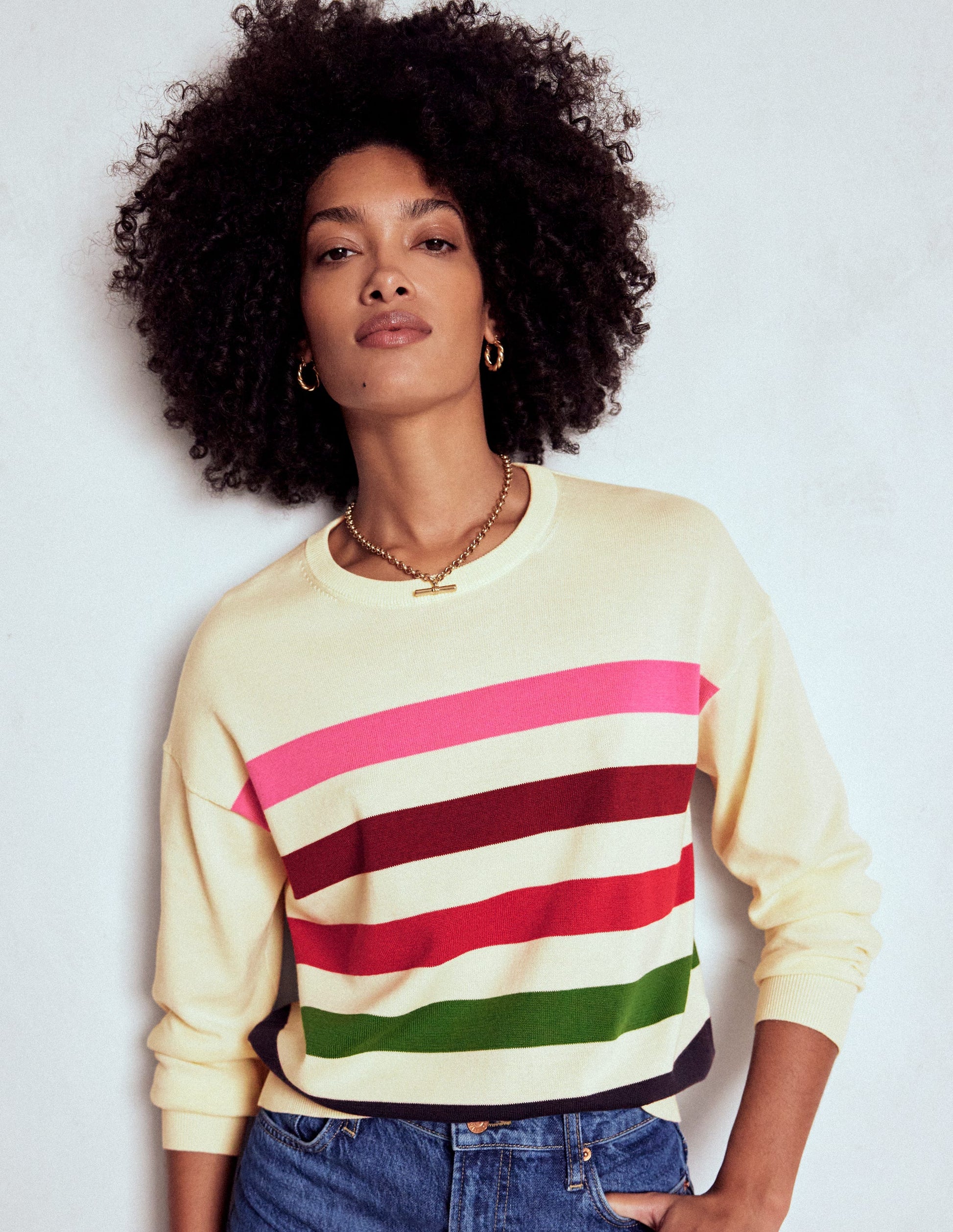 Lara Relaxed Cotton Jumper-Ivory, Multi Stripe-1