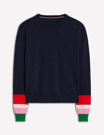 Lara Relaxed Cotton Jumper-Navy Cuff Stripe-5