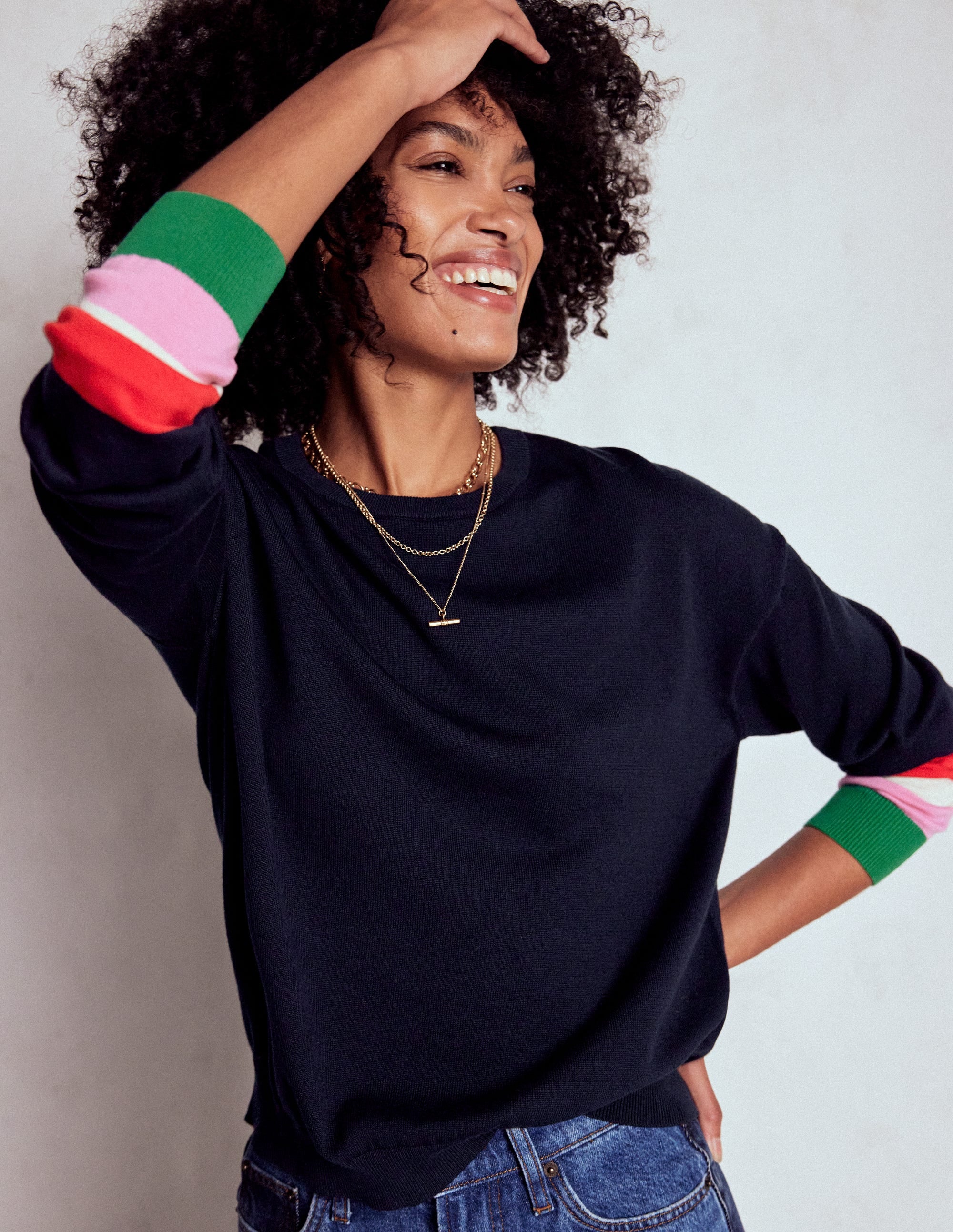 Lara Relaxed Cotton Jumper-Navy Cuff Stripe - Image 1