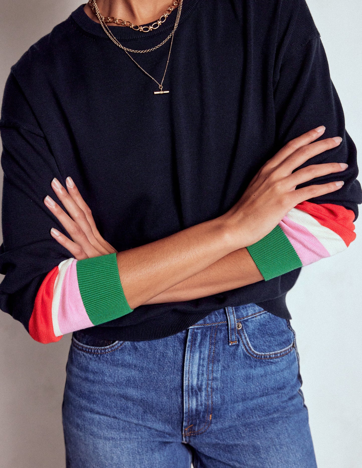 Lara Relaxed Cotton Jumper-Navy Cuff Stripe