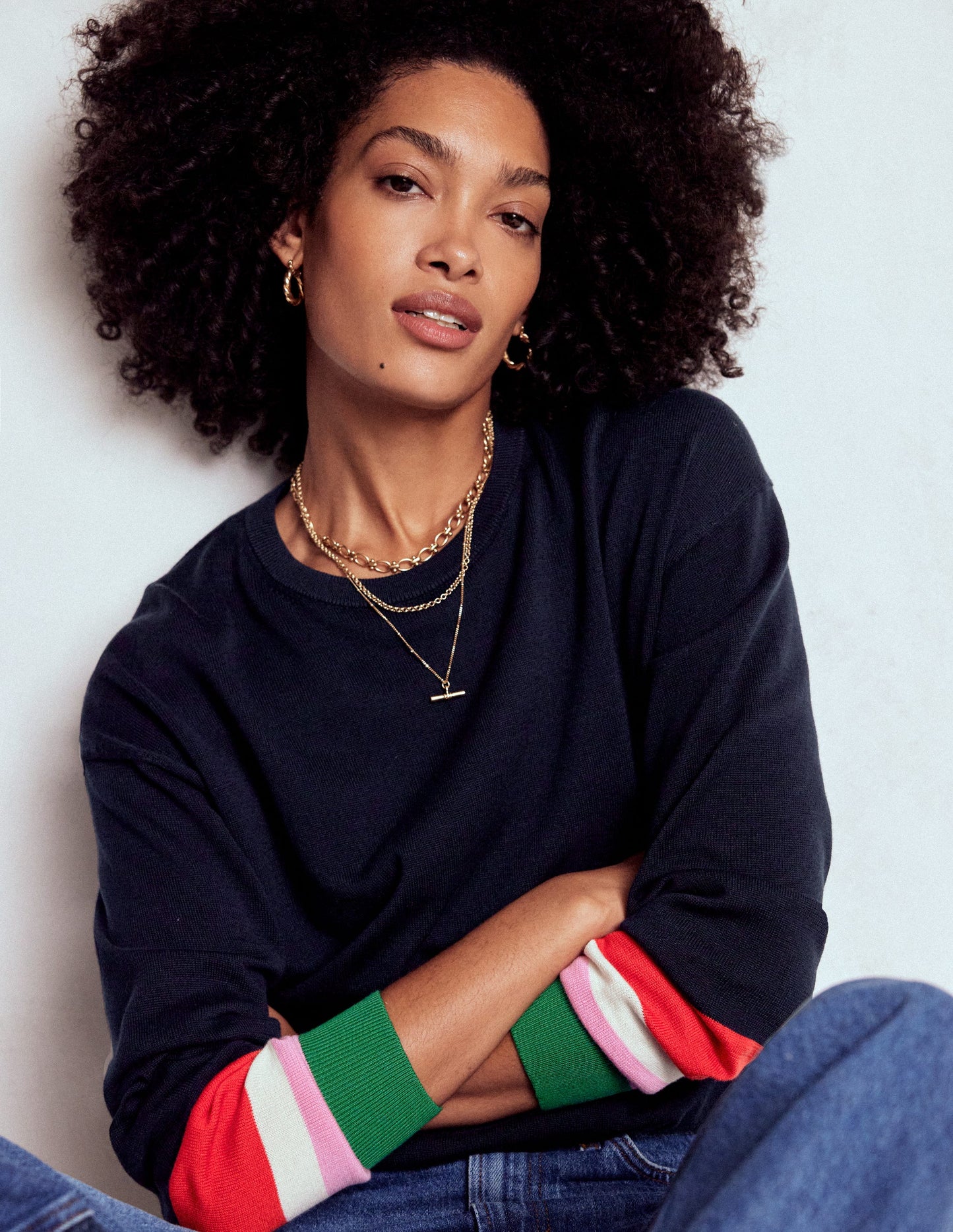 Lara Relaxed Cotton Jumper-Navy Cuff Stripe