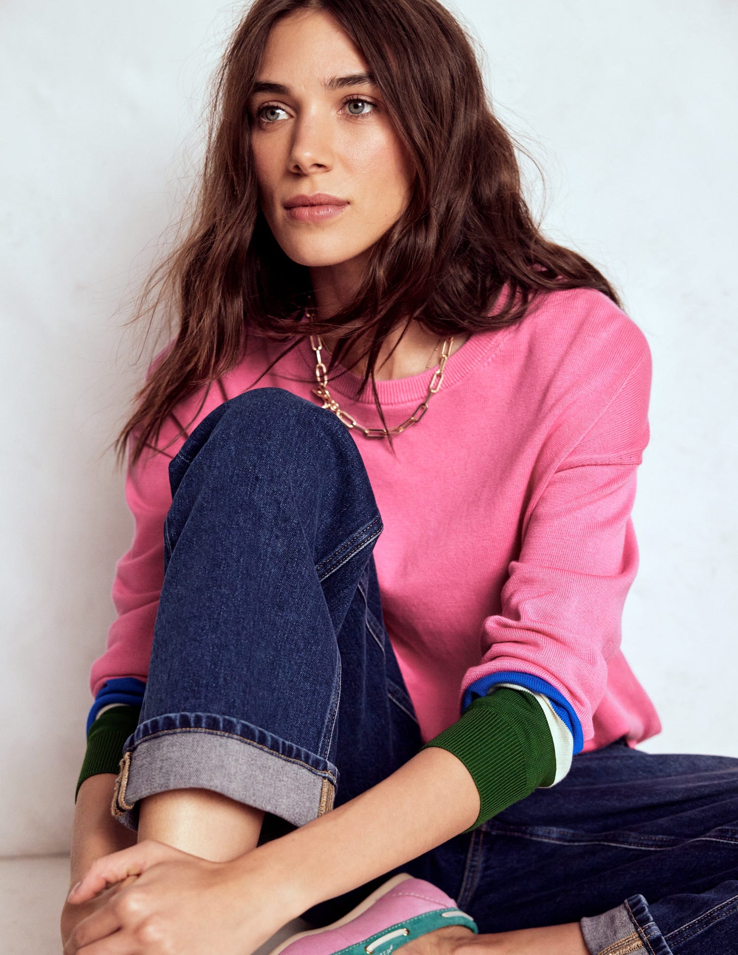 Lara Relaxed Cotton Jumper-Pink Lemonade, Cuff Stripe