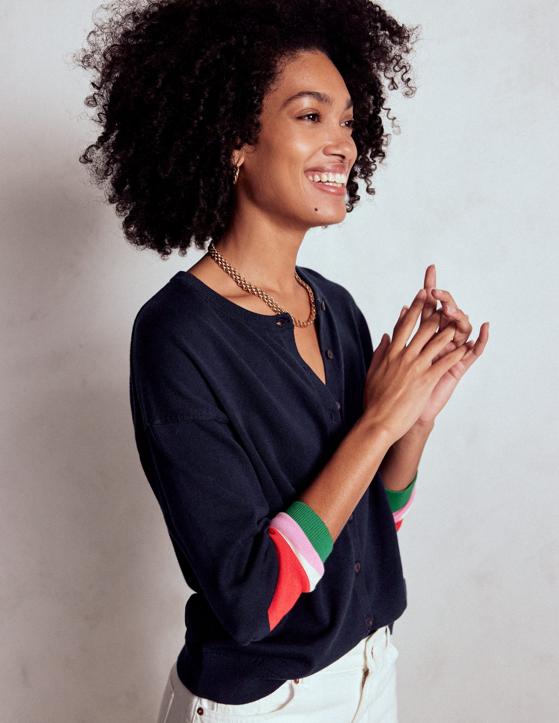 Lara Relaxed Cotton Cardigan-Navy, Cuff Stripe-1