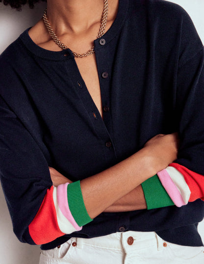 Lara Relaxed Cotton Cardigan-Navy, Cuff Stripe-2