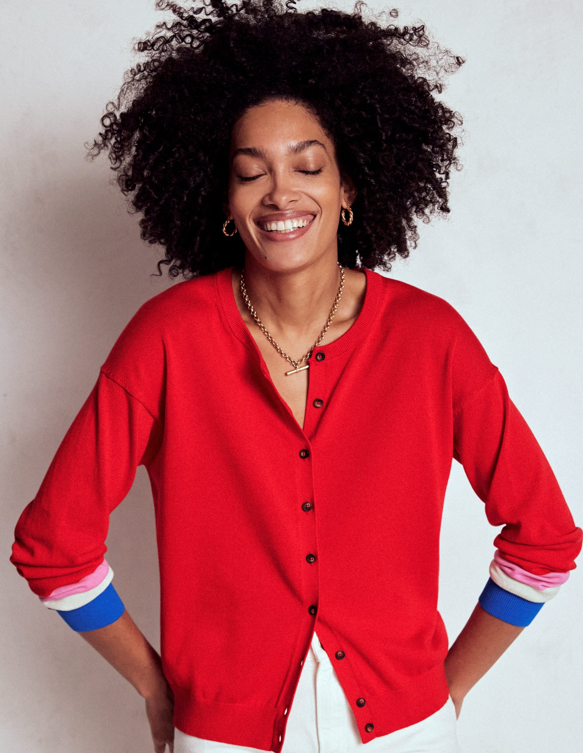 Lara Relaxed Cotton Cardigan-Poppy Red, Cuff Stripe | Boden USA