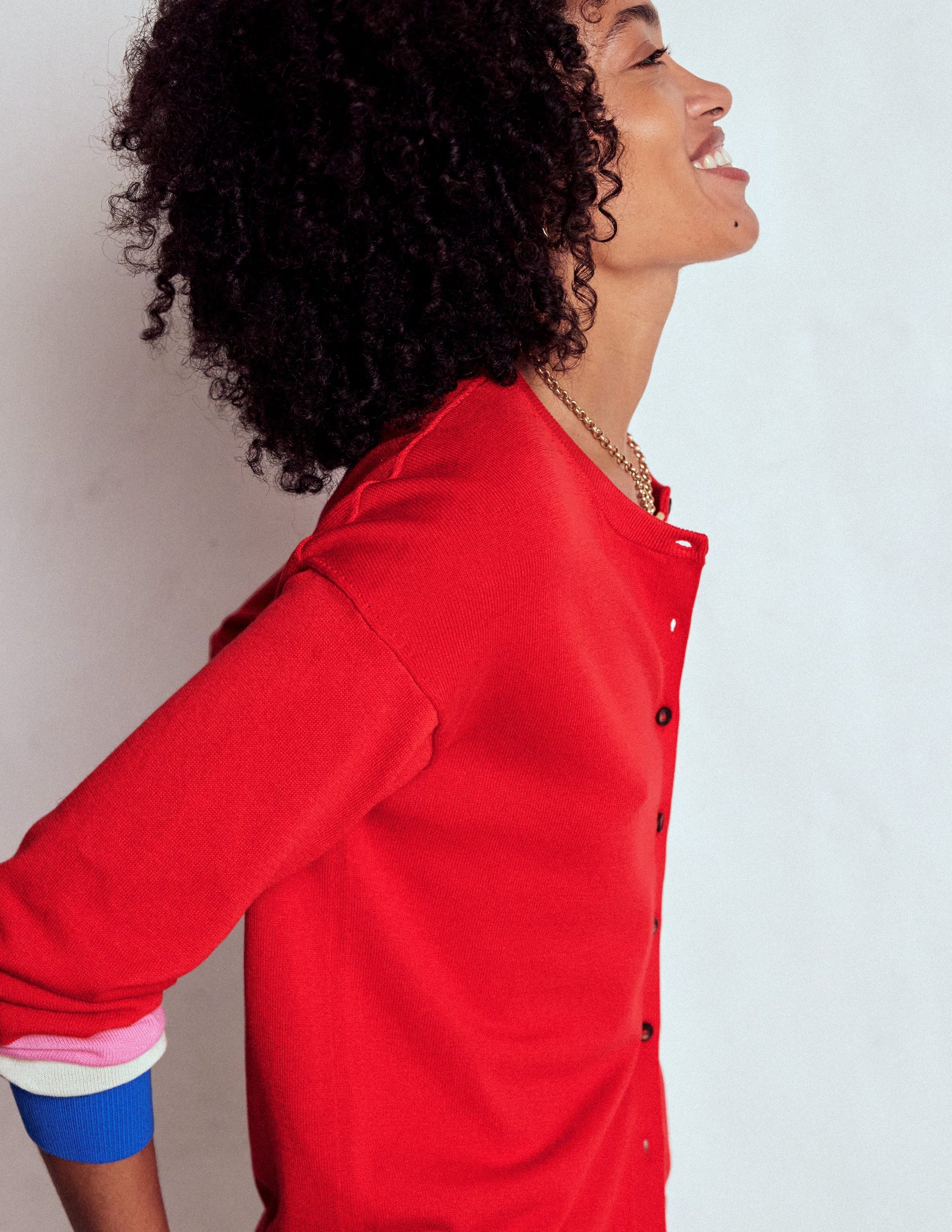 Lara Relaxed Cotton Cardigan-Poppy Red, Cuff Stripe-2