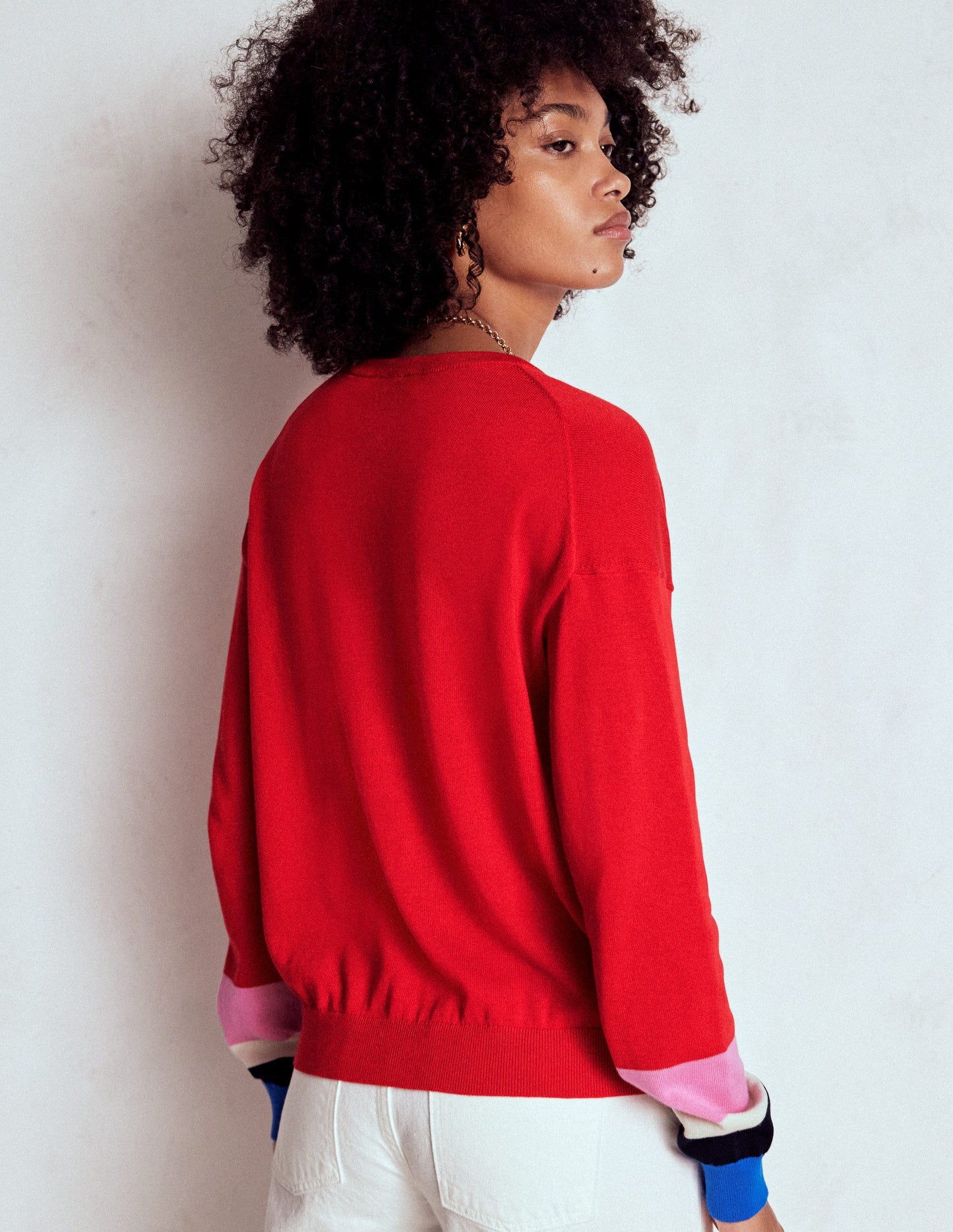 Lara Relaxed Cotton Cardigan-Poppy Red, Cuff Stripe