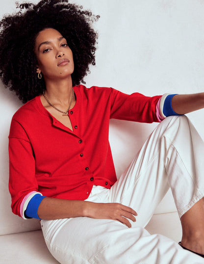Lara Relaxed Cotton Cardigan-Poppy Red, Cuff Stripe-4
