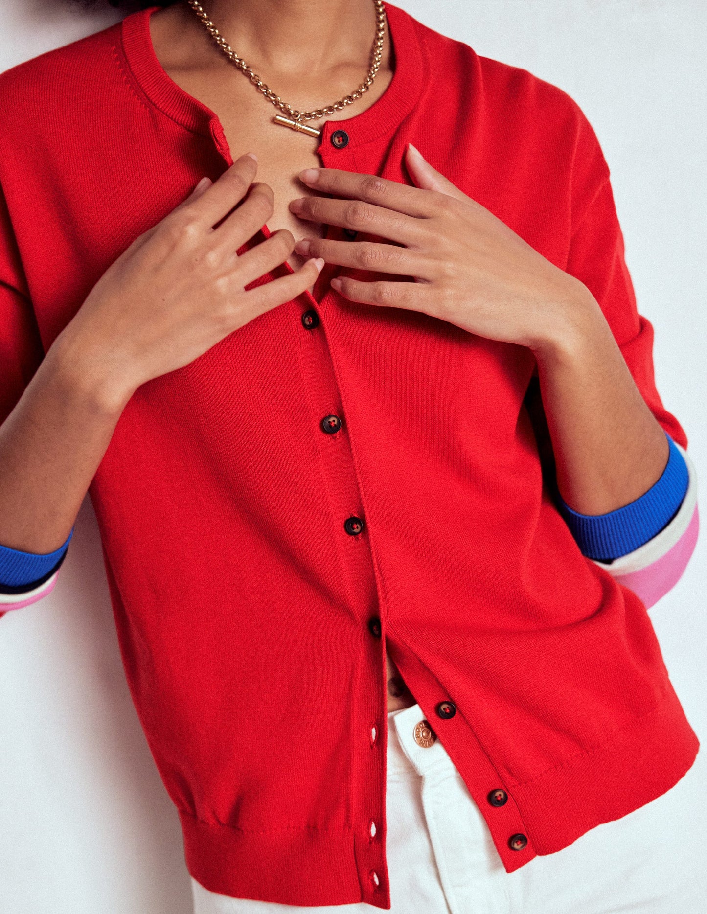 Lara Relaxed Cotton Cardigan-Poppy Red, Cuff Stripe