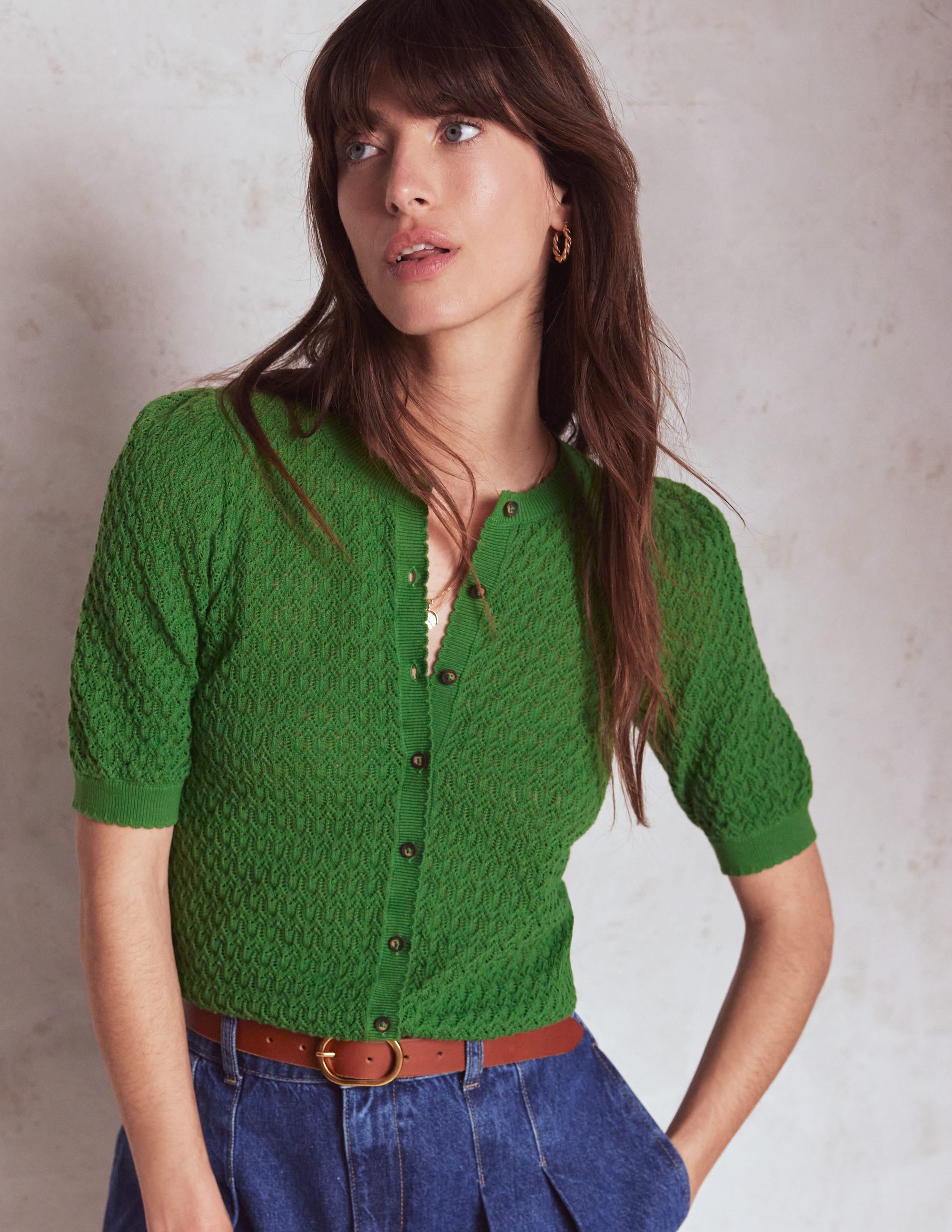 Dot Pointelle Cardigan-Iguana Green - Image 1