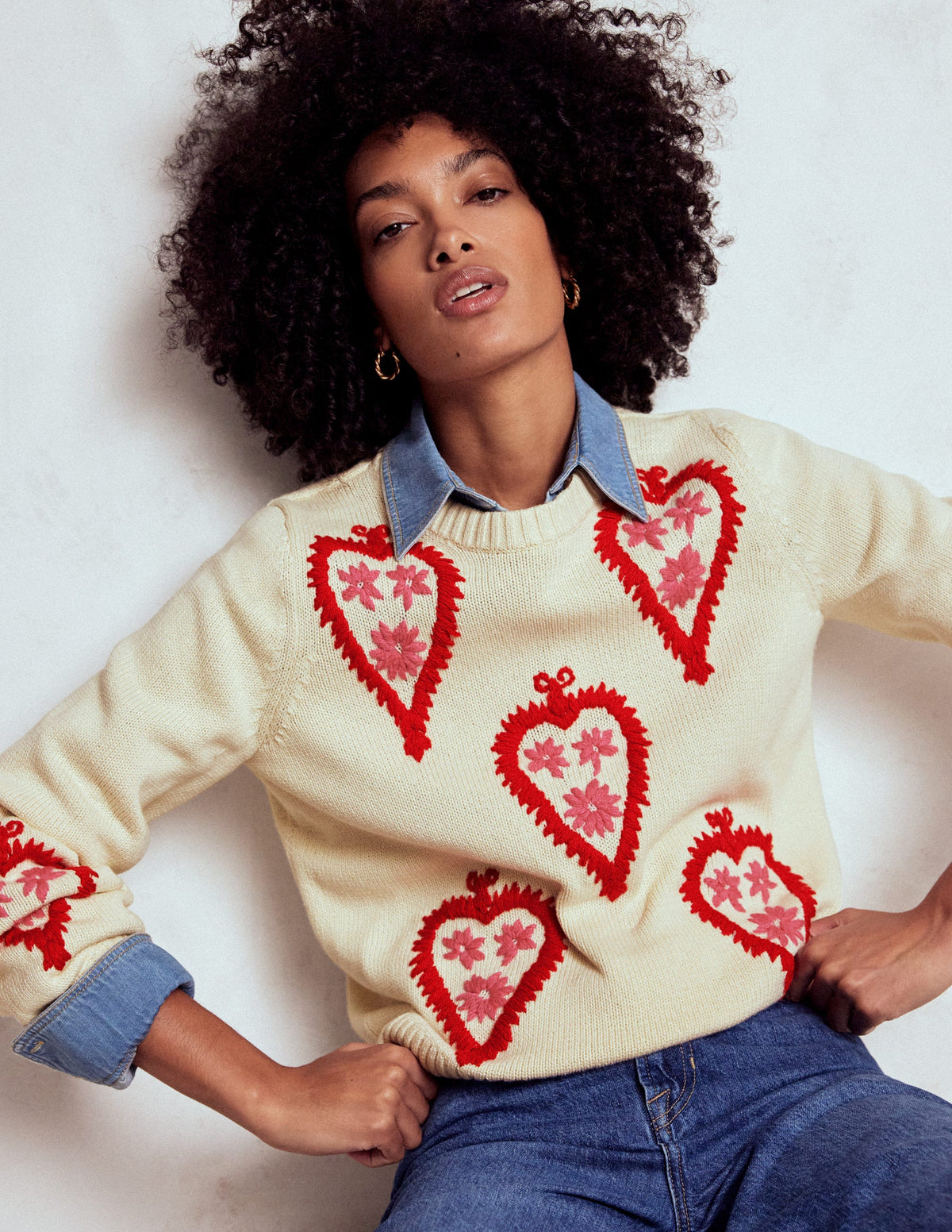Graphic Embroidered Sweater-Warm Ivory, Hearts - Image 1