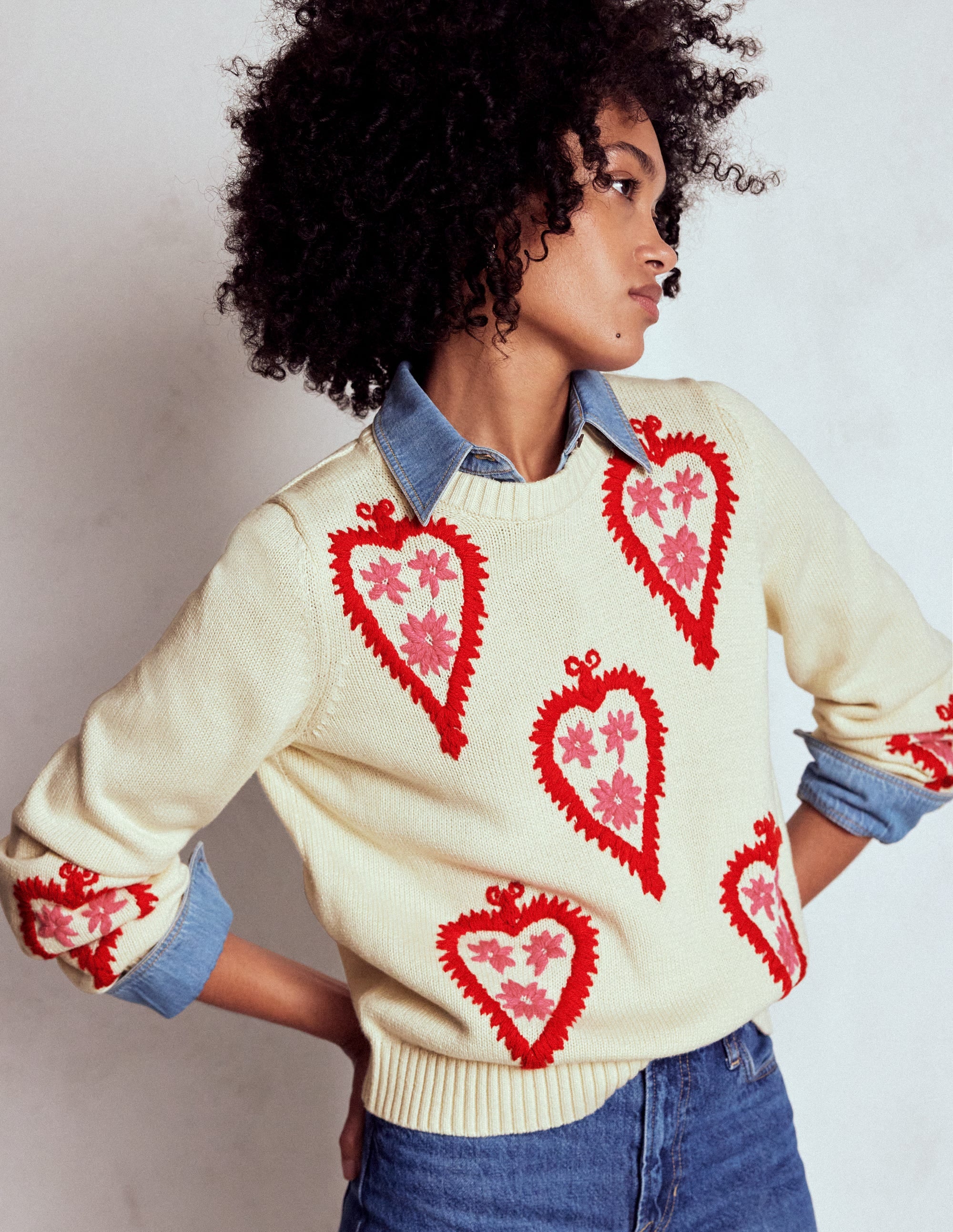 Graphic Embroidered Sweater-Warm Ivory, Hearts - Image 4