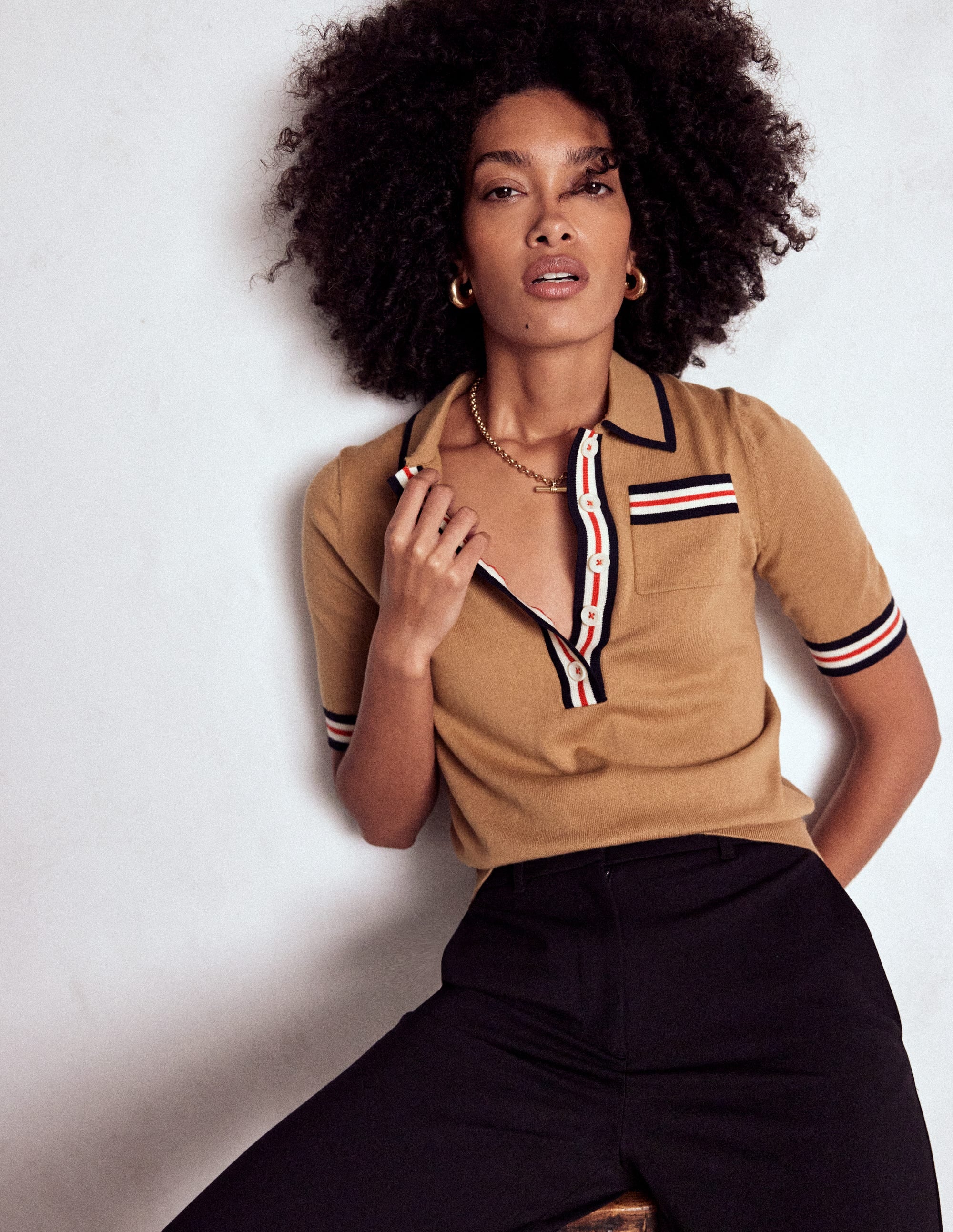 Cotton Henley T-shirt-Camel Melange - Image 1