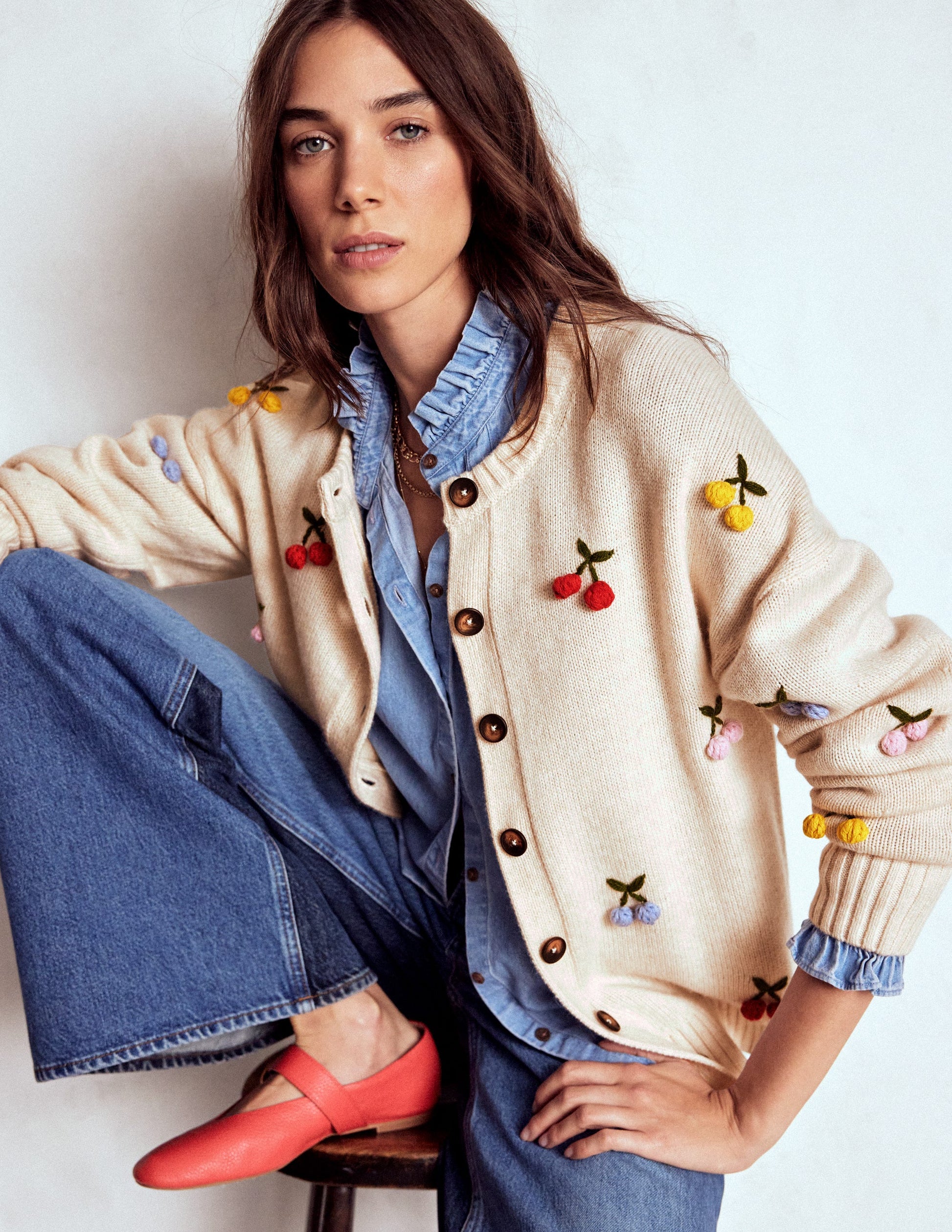 Natalie Embroidered Cardigan-Oatmeal Melange, Cherry-1