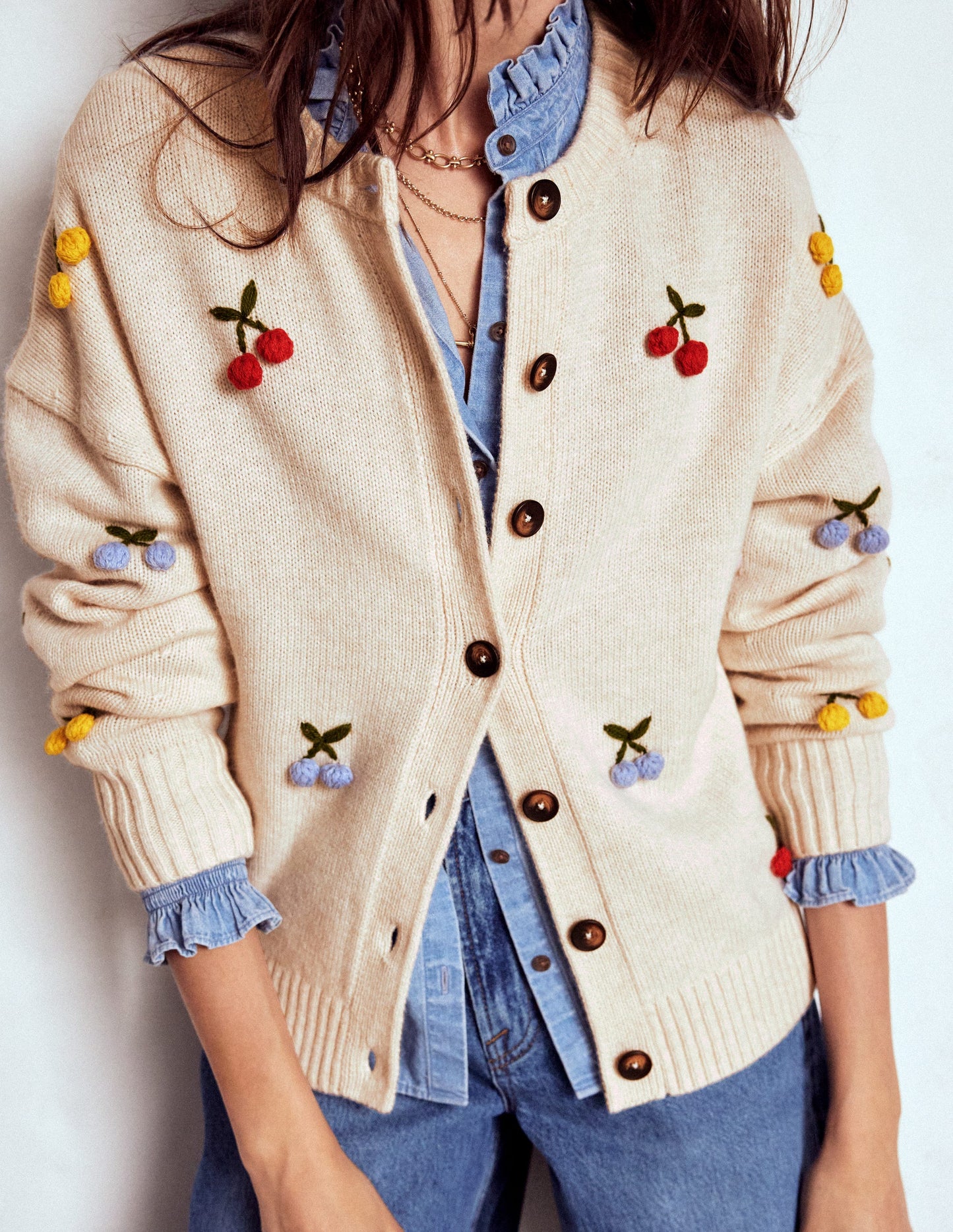 Natalie Embroidered Cardigan-Oatmeal Melange, Cherry