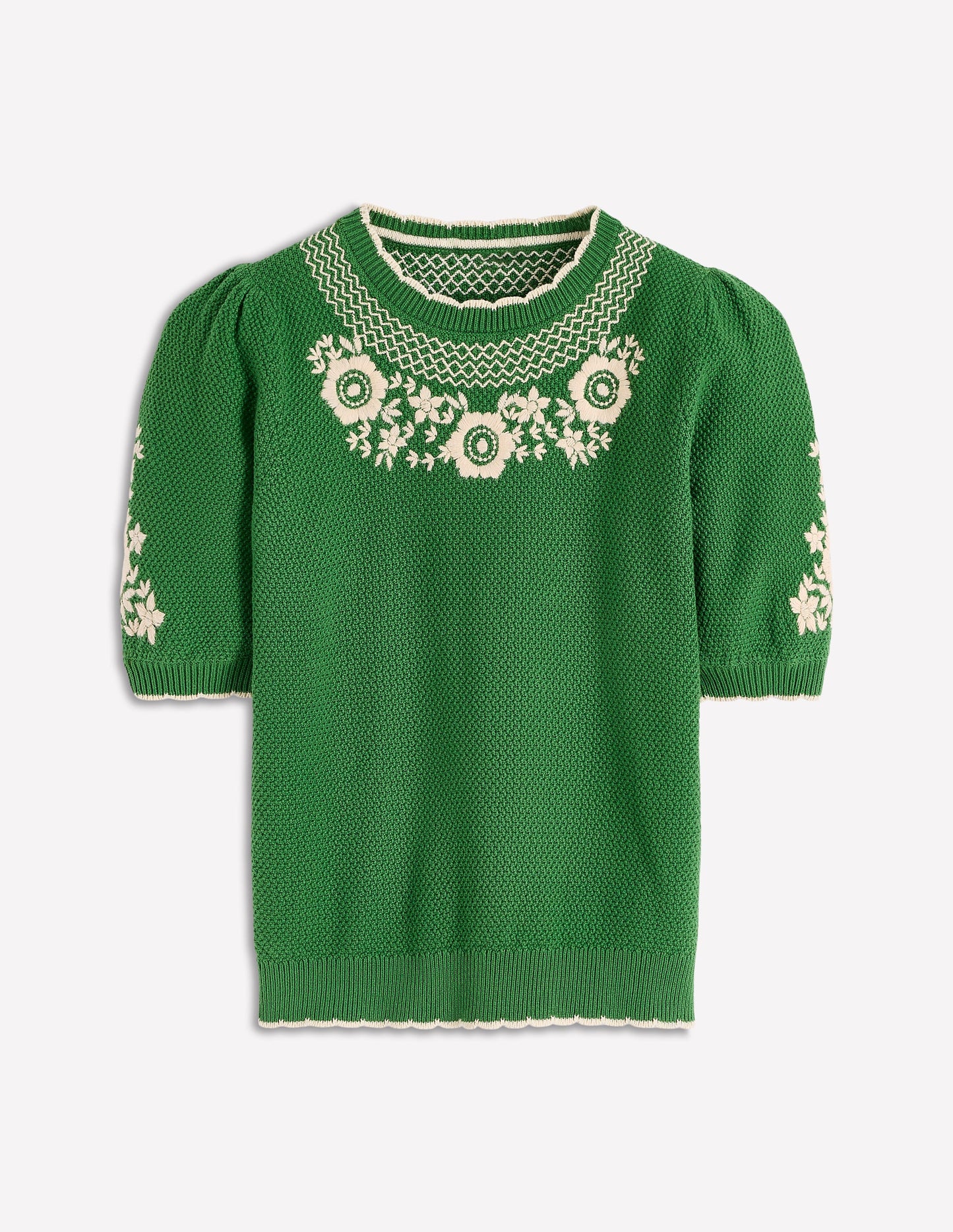 Puff Sleeve Embroidery T-shirt-Paradise Green