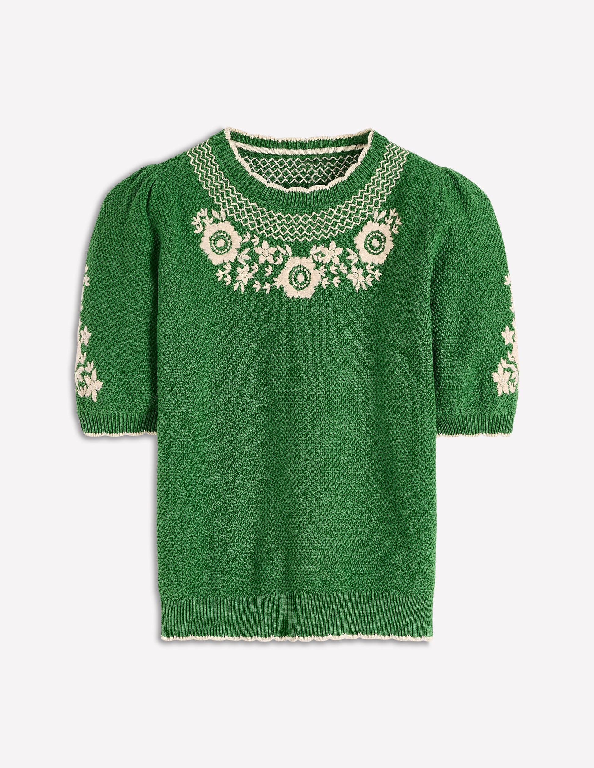 Puff Sleeve Embroidery T-shirt-Paradise Green-5