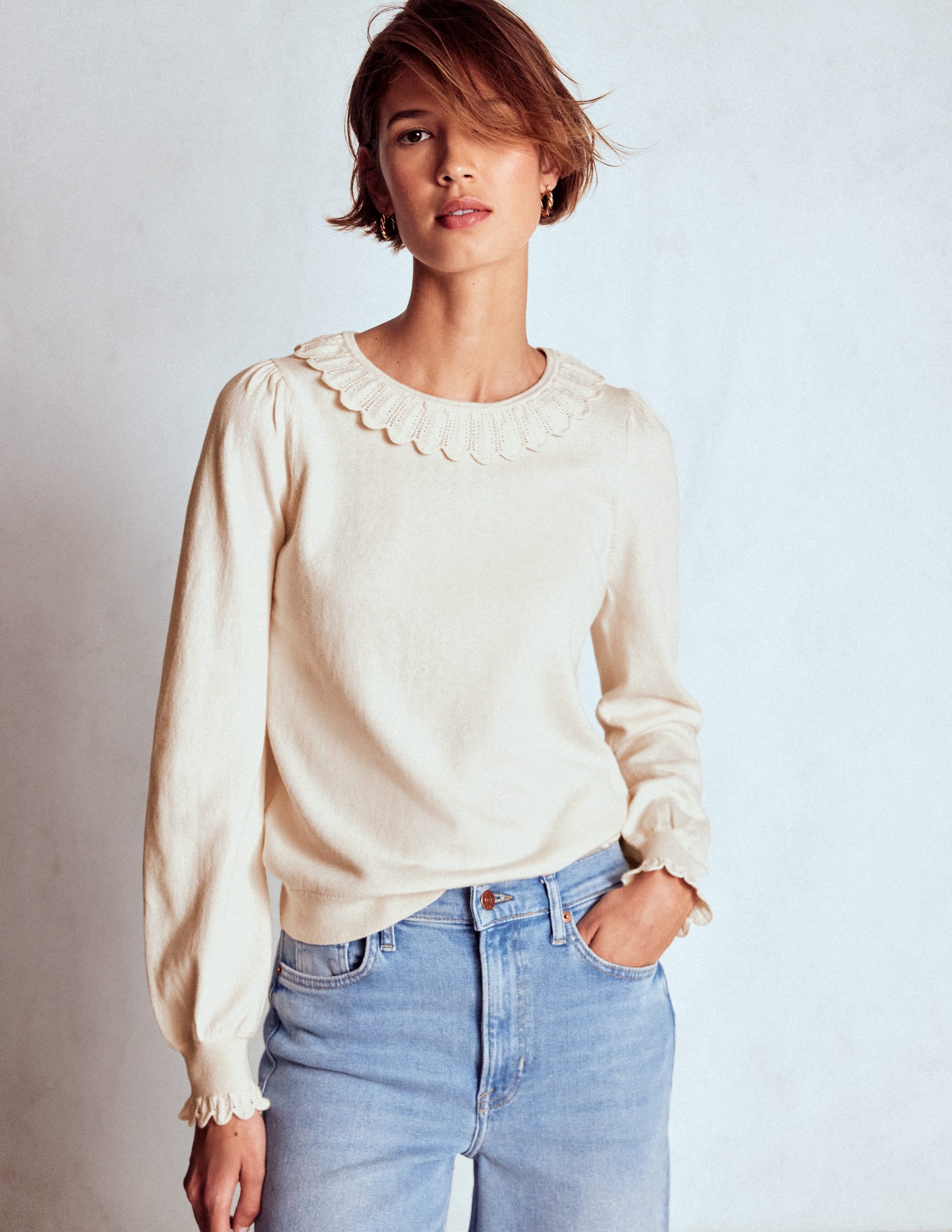 Melina Cotton Ruffle Sweater-Warm Ivory - Image 1