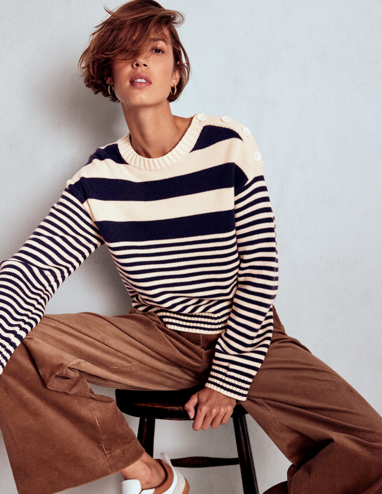 Jemma Chunky Cotton Sweater-Warm Ivory/ Navy