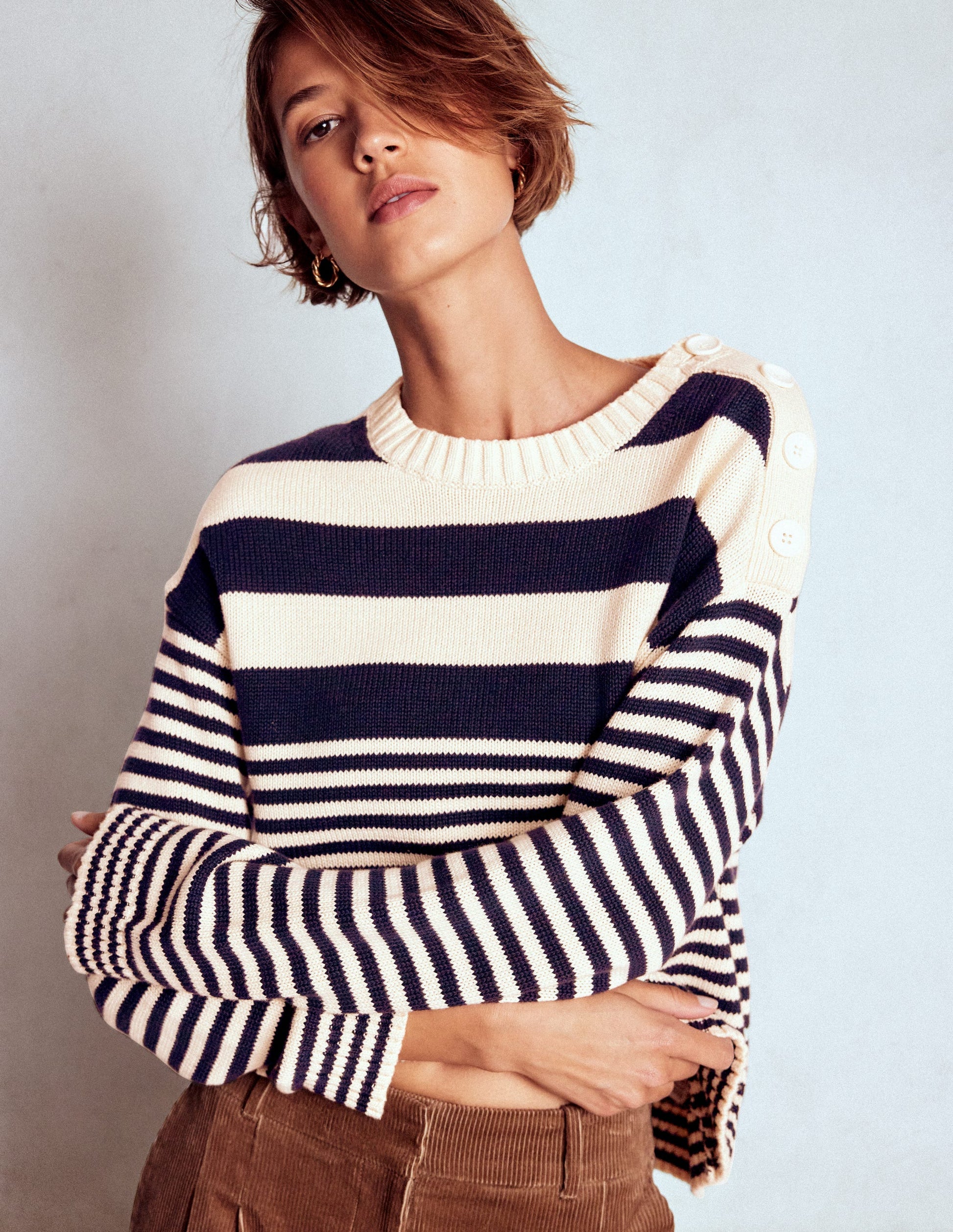 Jemma Chunky Cotton Sweater-Warm Ivory/ Navy-4