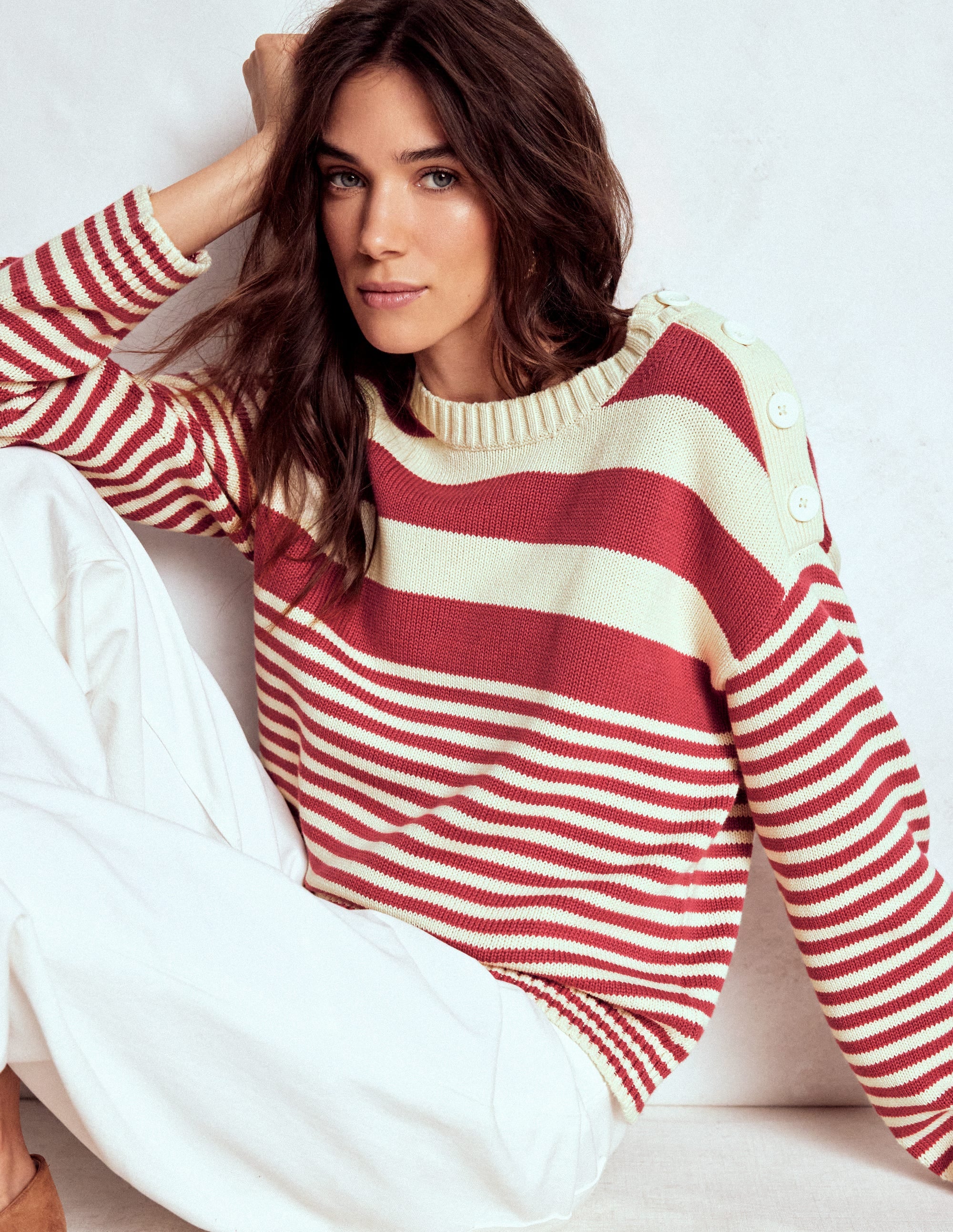 Jemma Chunky Cotton Sweater-Warm Ivory/ Terracotta - Image 1