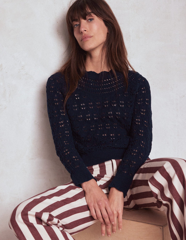 Crochet Mix Stitch Sweater-Navy