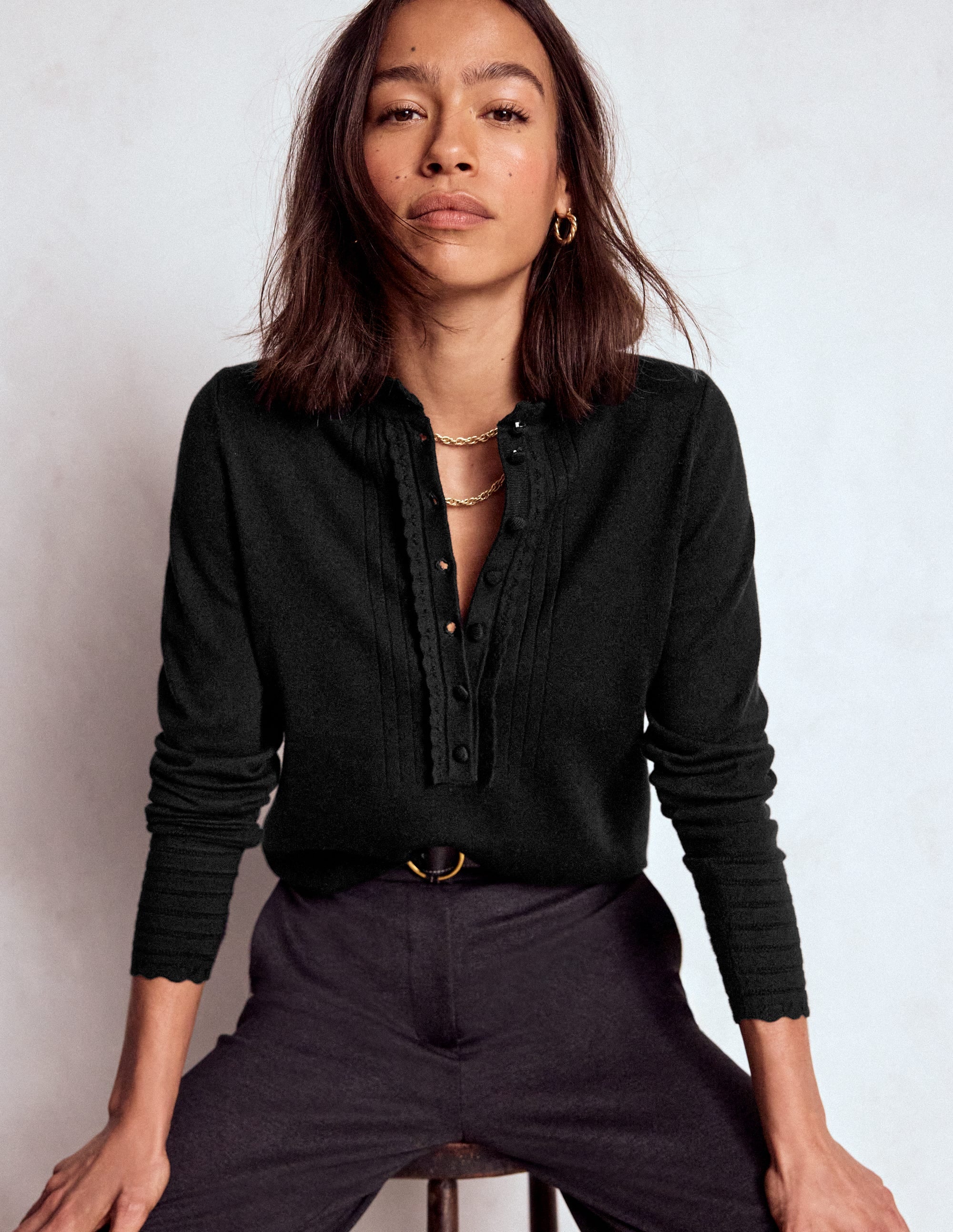 Angela Cotton Scallop Sweater-Black - Image 1