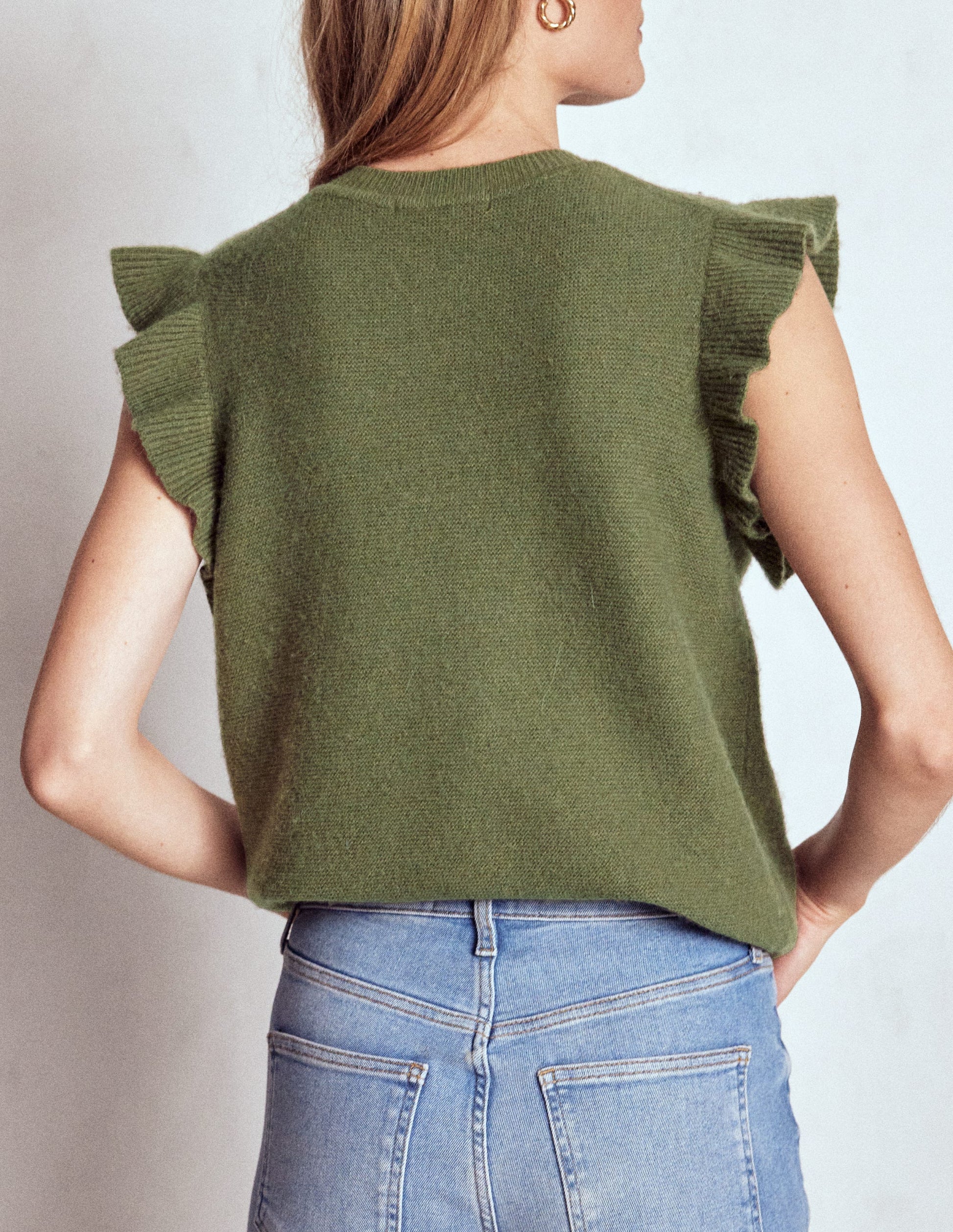 Frill Detail Waistcoat-Woodland Green Melange-3