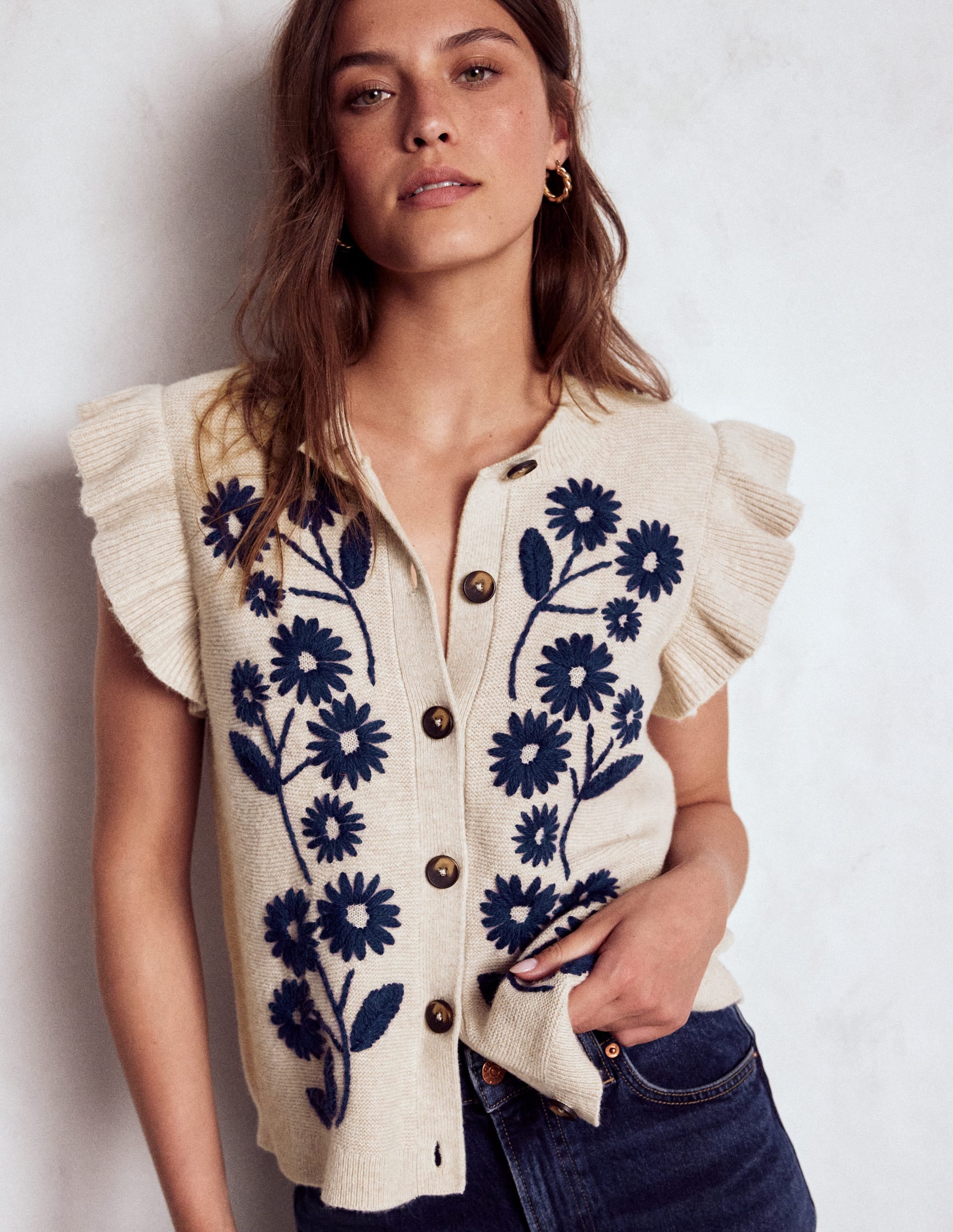 Frill Detail Waistcoat-Oatmeal Melange - Image 1