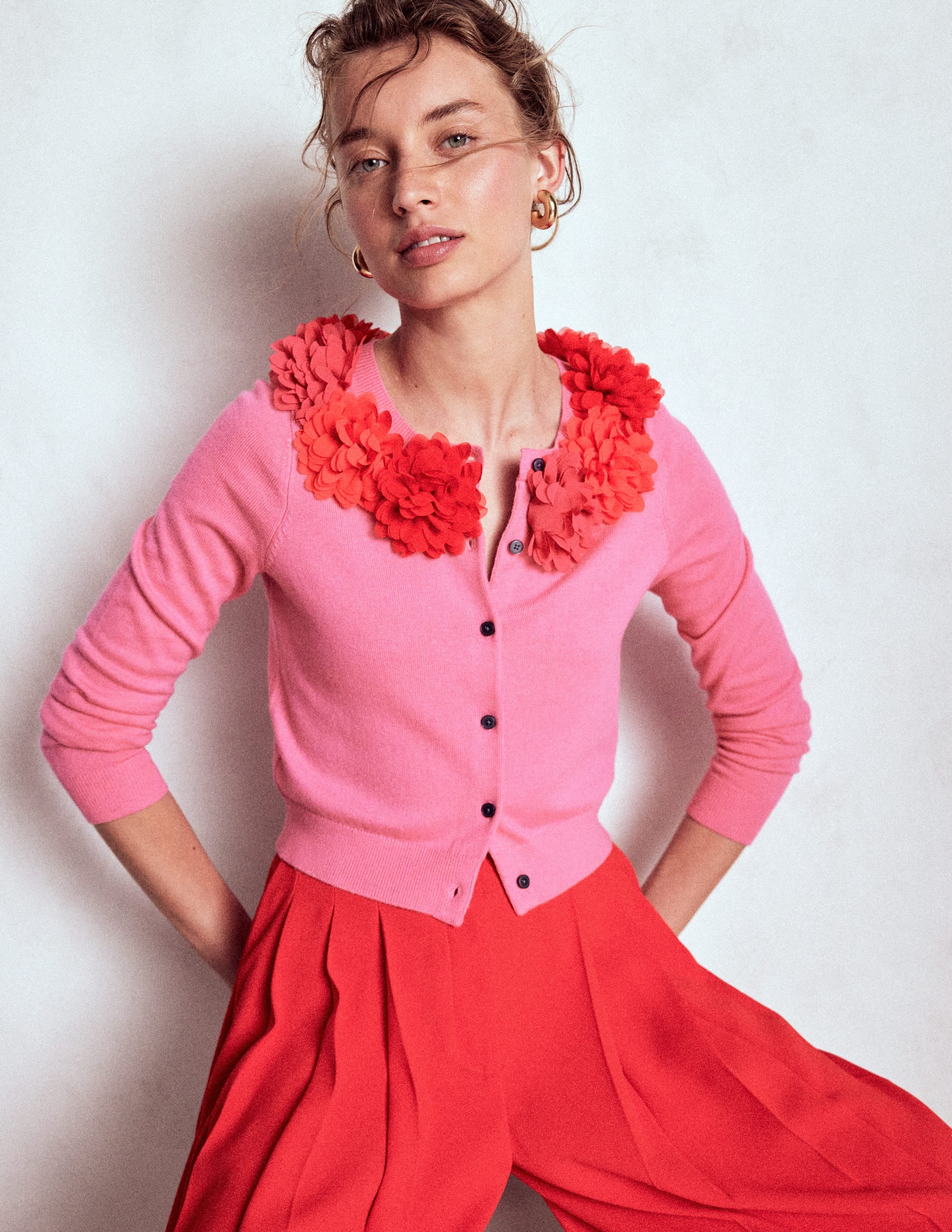 Crew Neck Cropped Cardigan-Pink Ribbon - Image 1