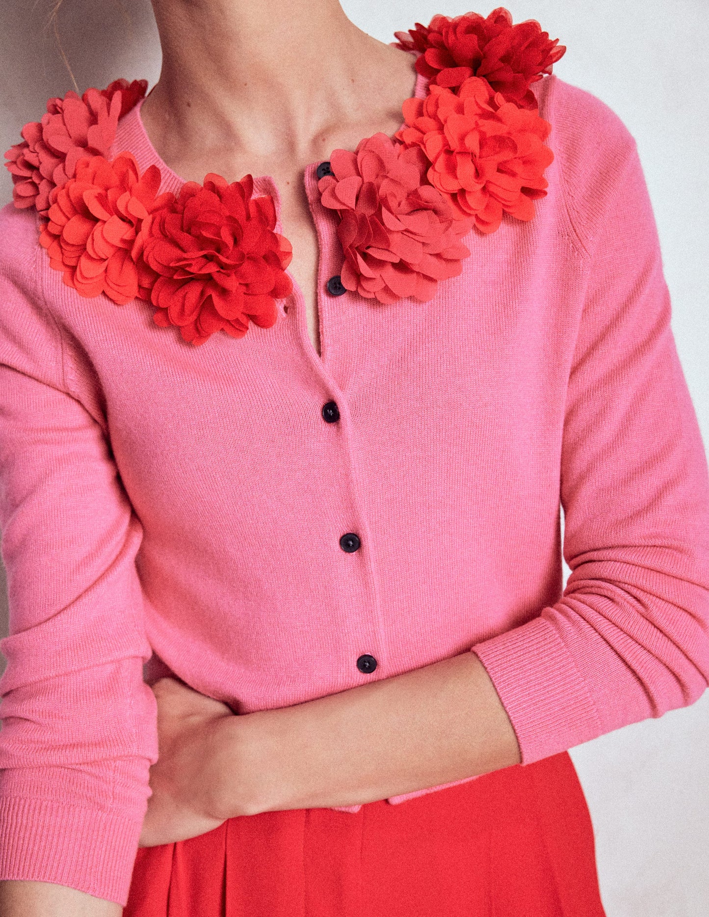 Crew Neck Cropped Cardigan-Pink Ribbon