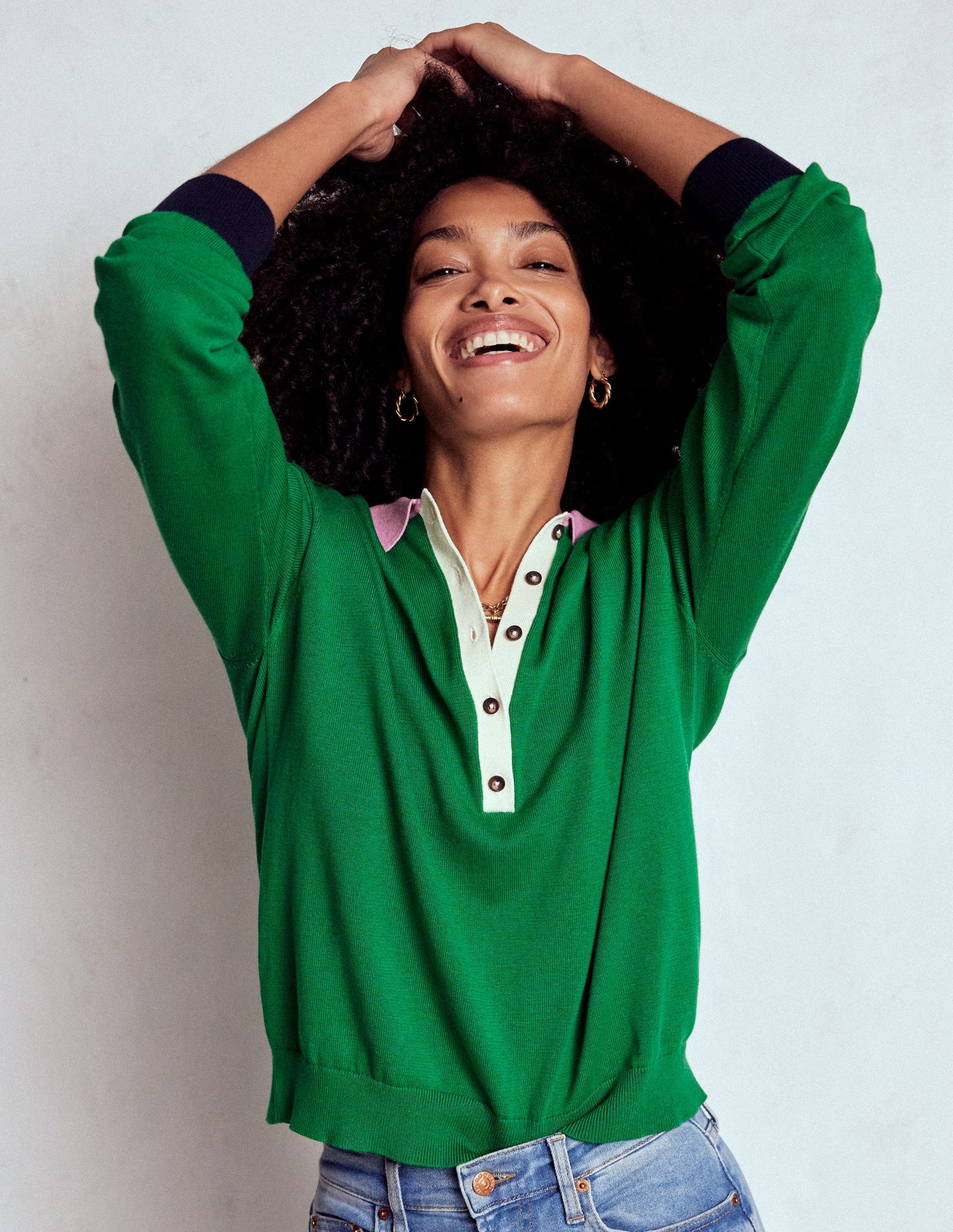 Lara Cotton Henley Jumper-Rich Emerald Colour Block