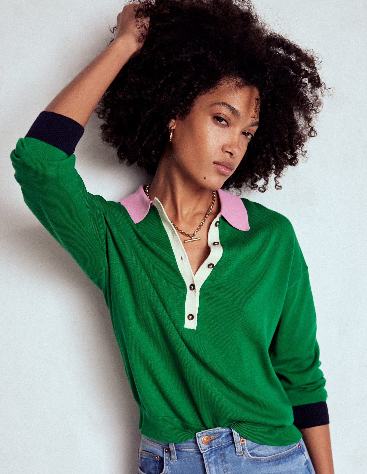 Lara Cotton Henley Jumper-Rich Emerald Colour Block