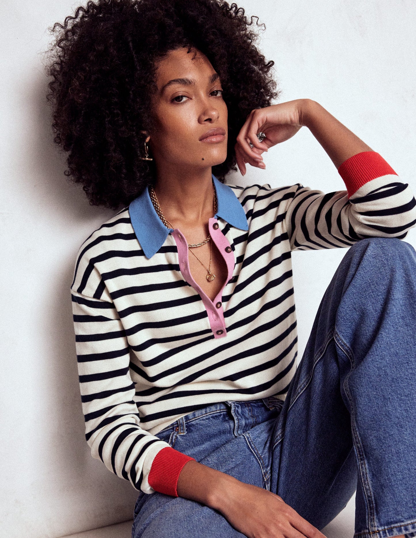 Lara Cotton Henley Jumper-Navy, Warm Ivory Stripe