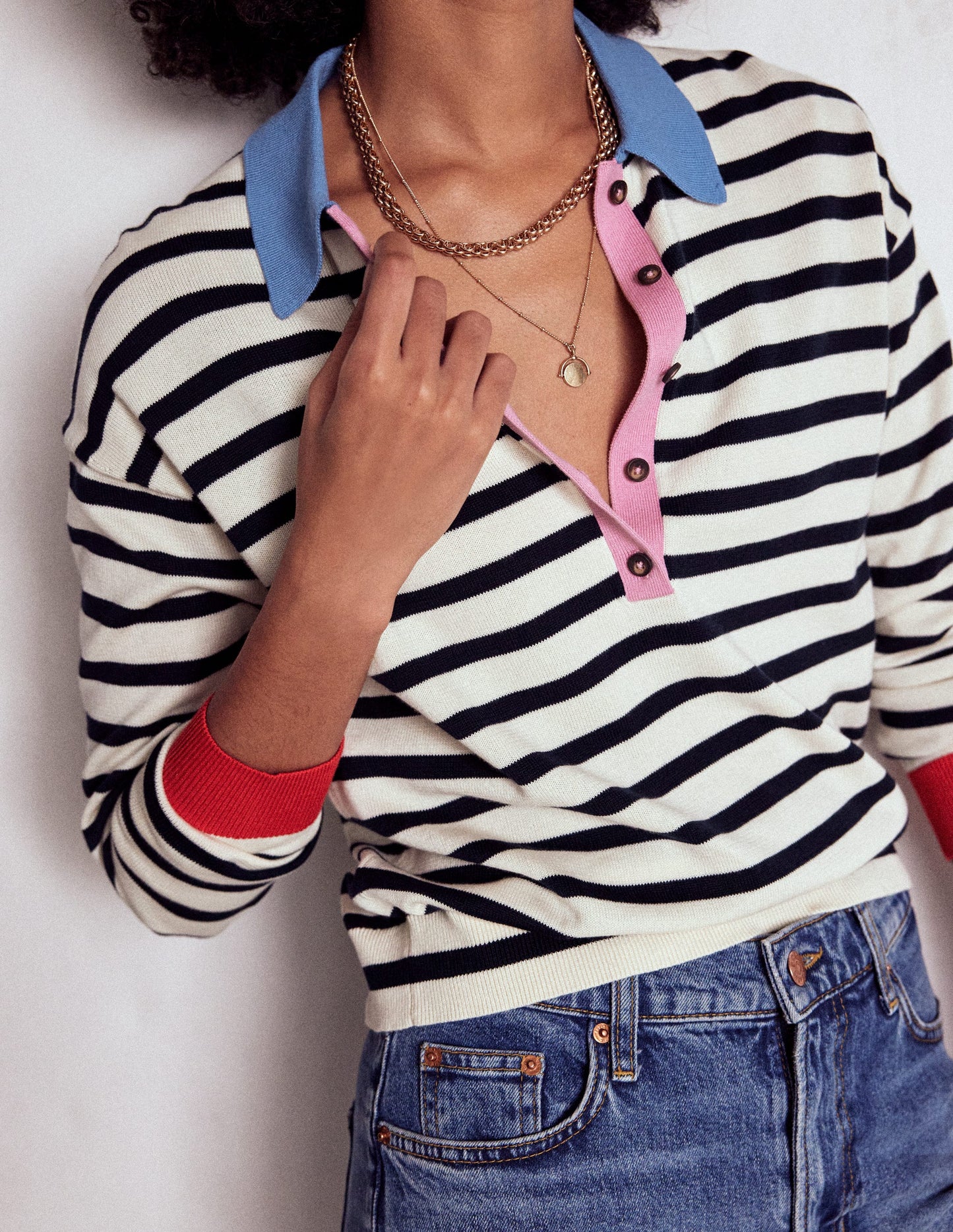 Lara Cotton Henley Jumper-Navy, Warm Ivory Stripe