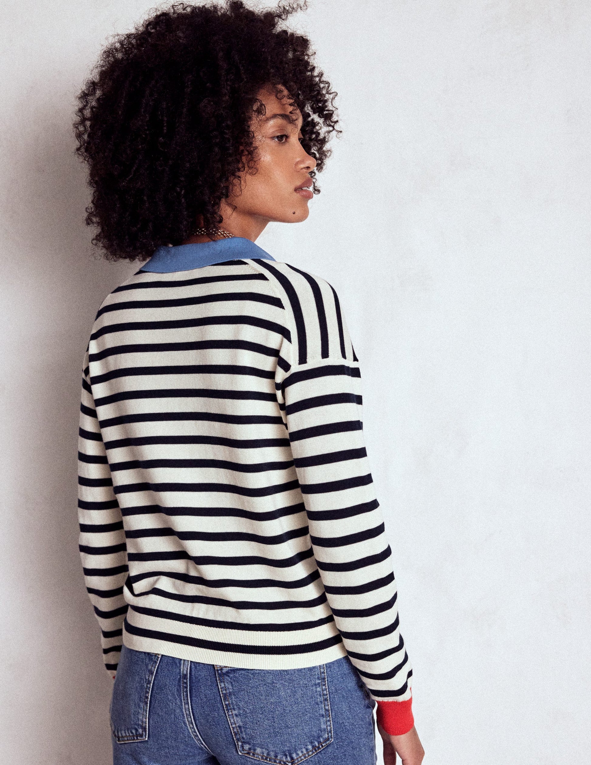 Lara Cotton Henley Jumper-Navy, Warm Ivory Stripe-3
