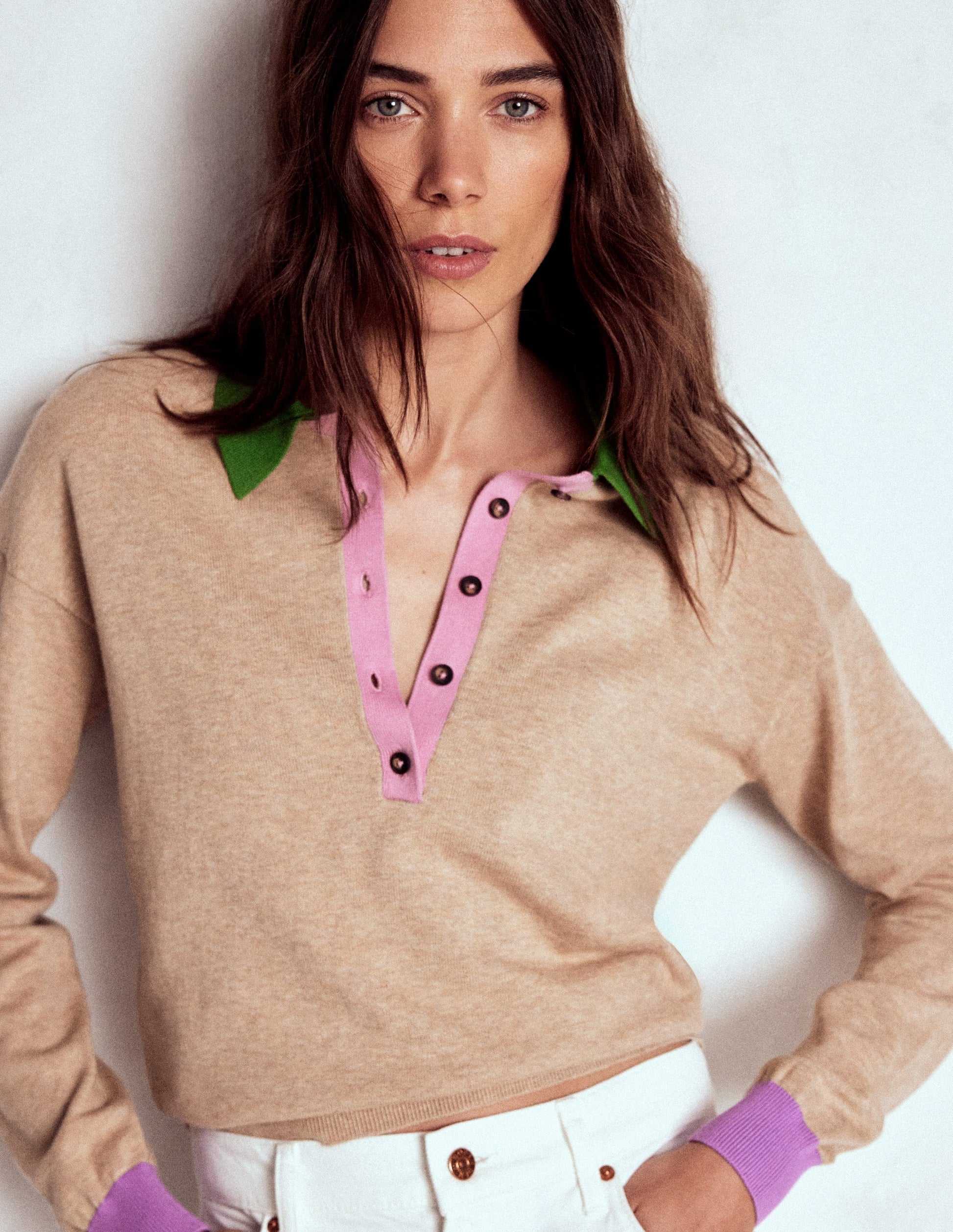 Lara Cotton Henley Jumper-Chinchilla Melange-4