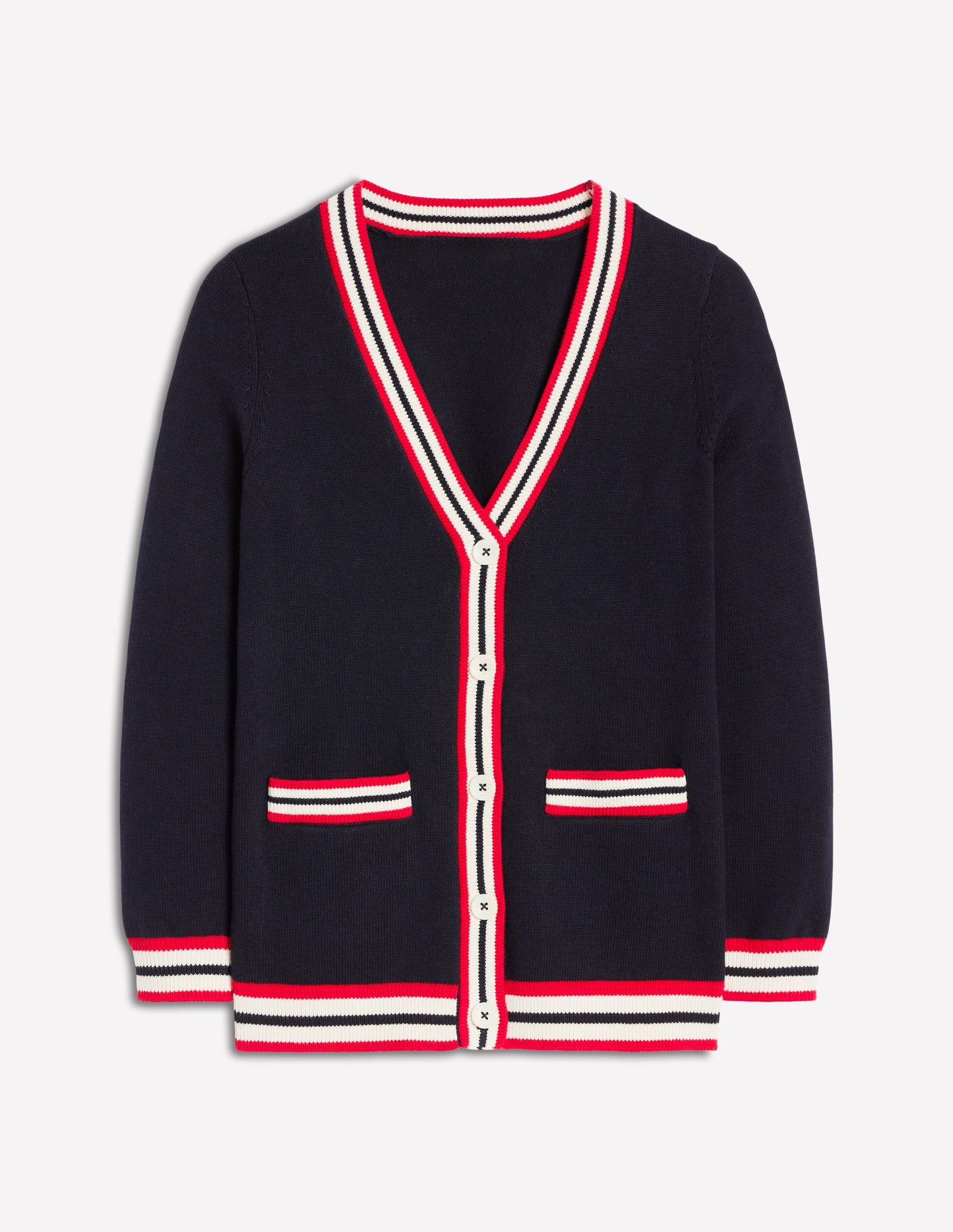 Long Cotton V-neck Cardigan-Navy