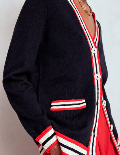 Long Cotton V-neck Cardigan-Navy-2