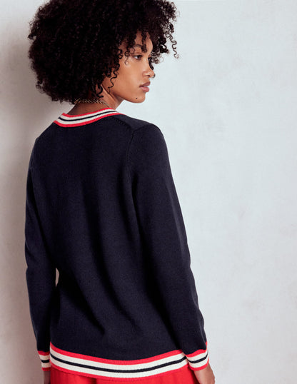 Long Cotton V-neck Cardigan-Navy-3