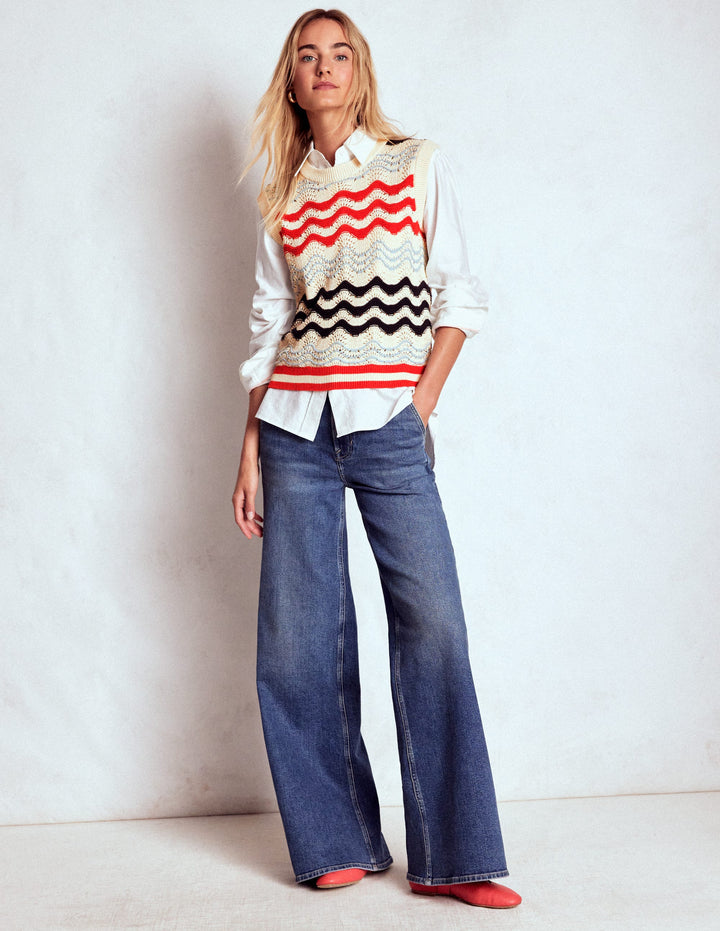 Cotton Wave Sweater Vest-Navy/ Red Textured Wave