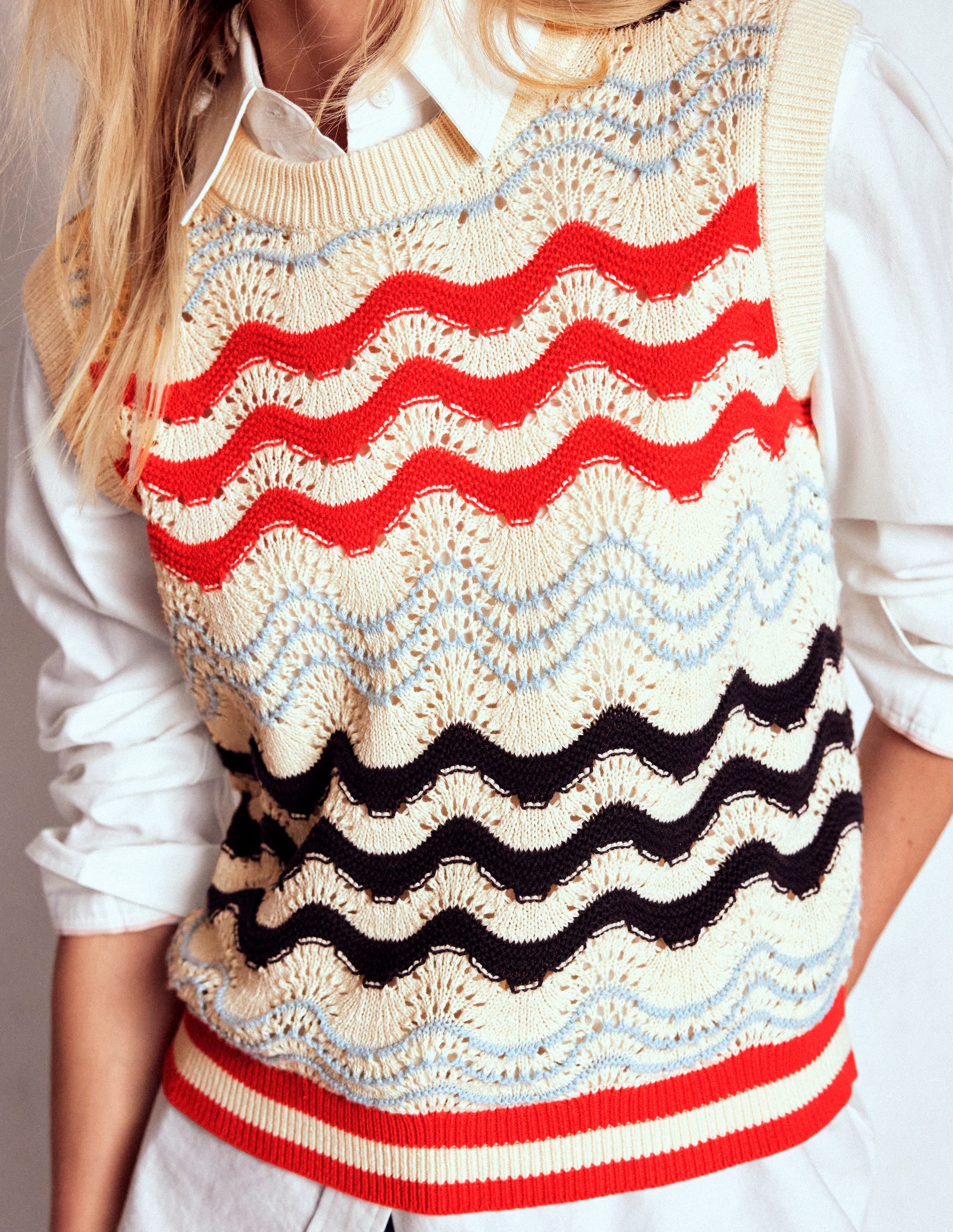 Cotton Wave Sweater Vest-Navy/ Red Textured Wave - Image 2