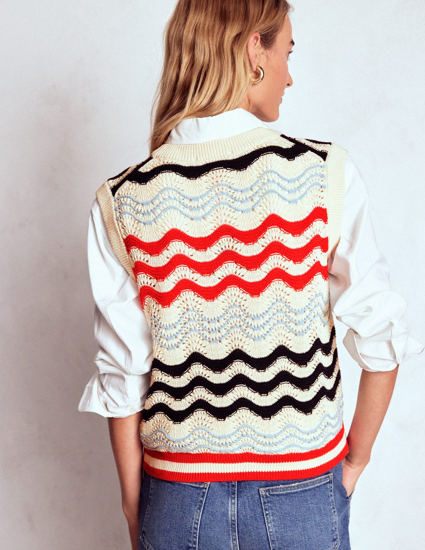 Cotton Wave Sweater Vest-Navy/ Red Textured Wave