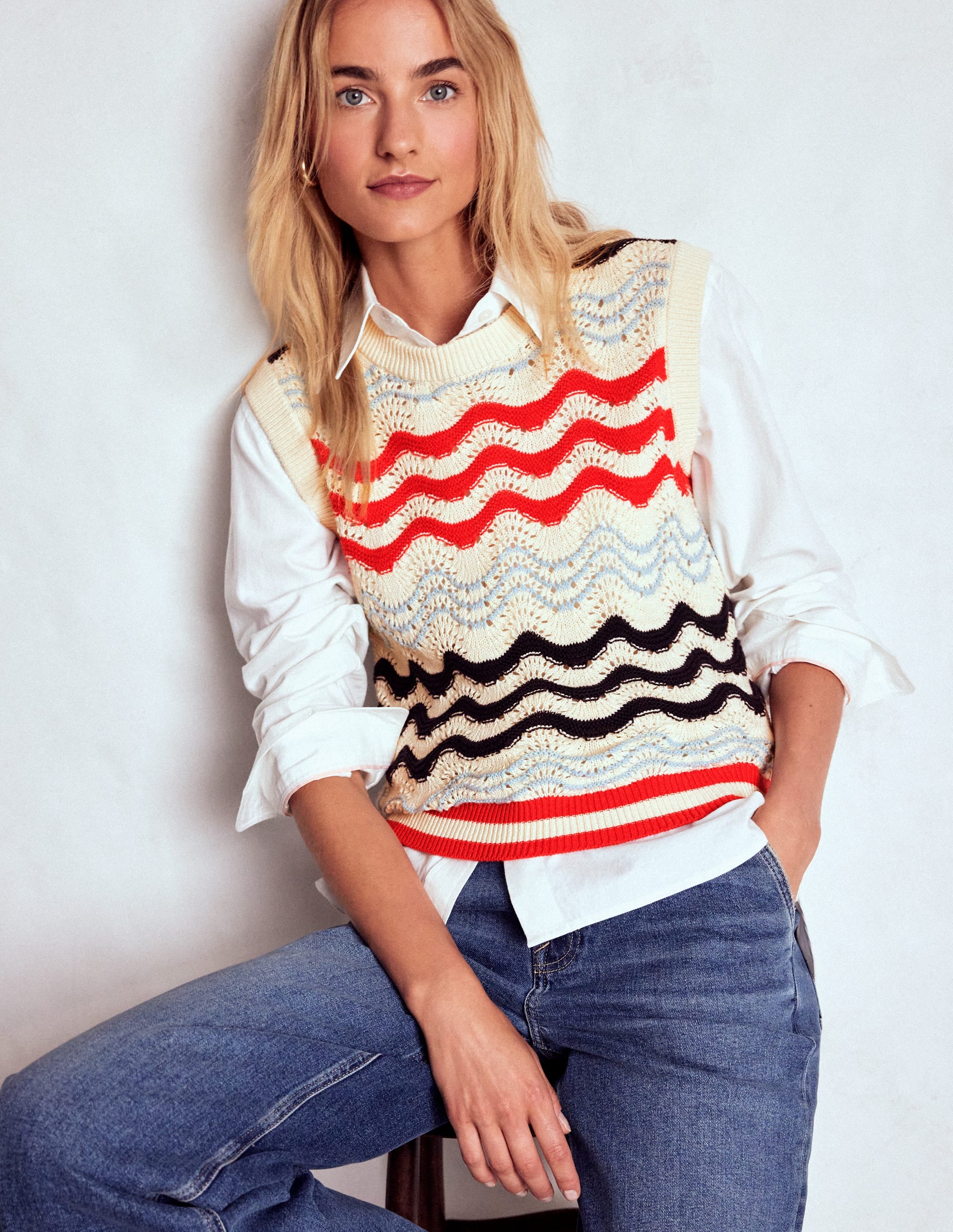 Cotton Wave Sweater Vest-Navy/ Red Textured Wave - Image 4