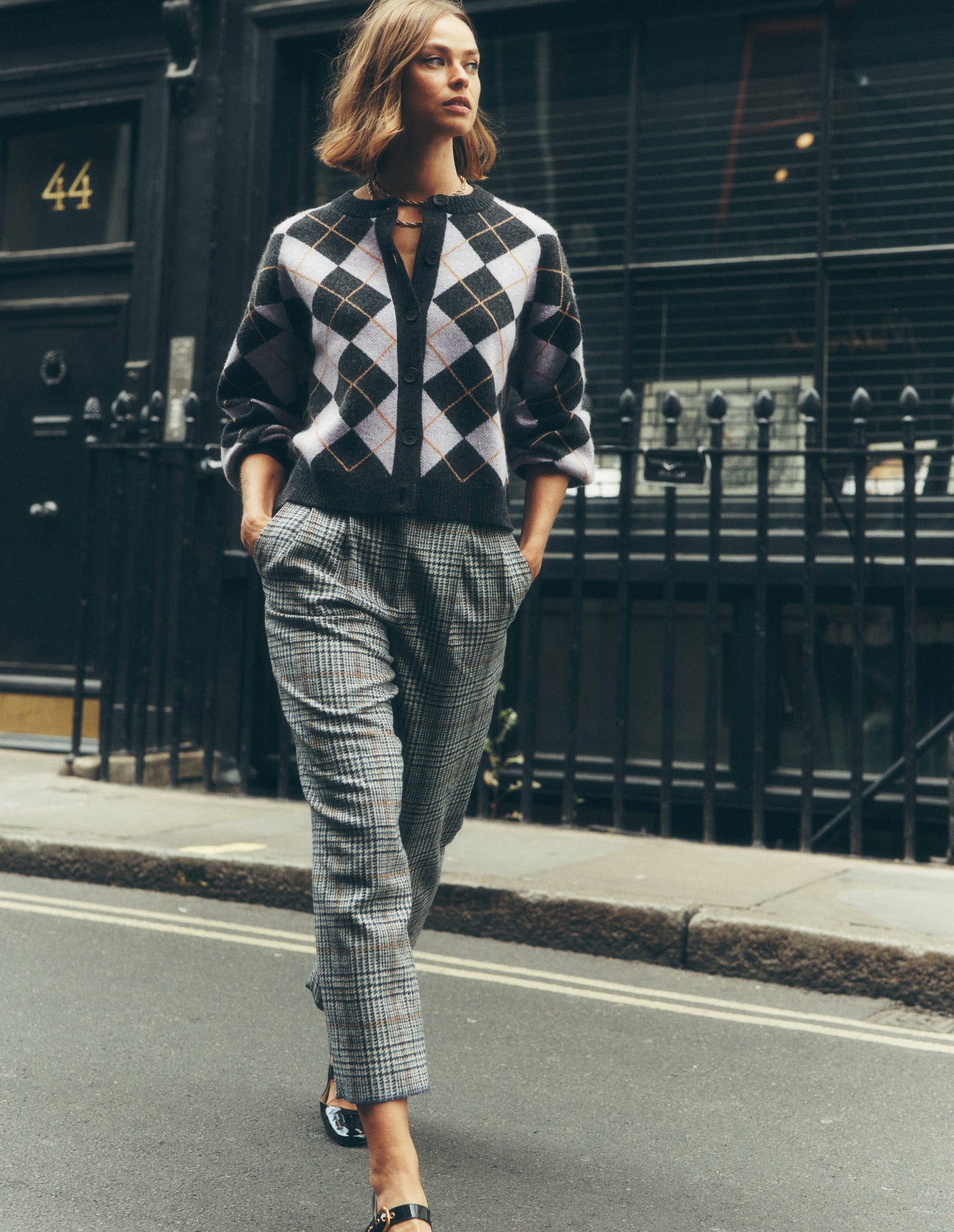 Abi Jacquard Cardigan-Lilac, Charcoal Melange Argyle