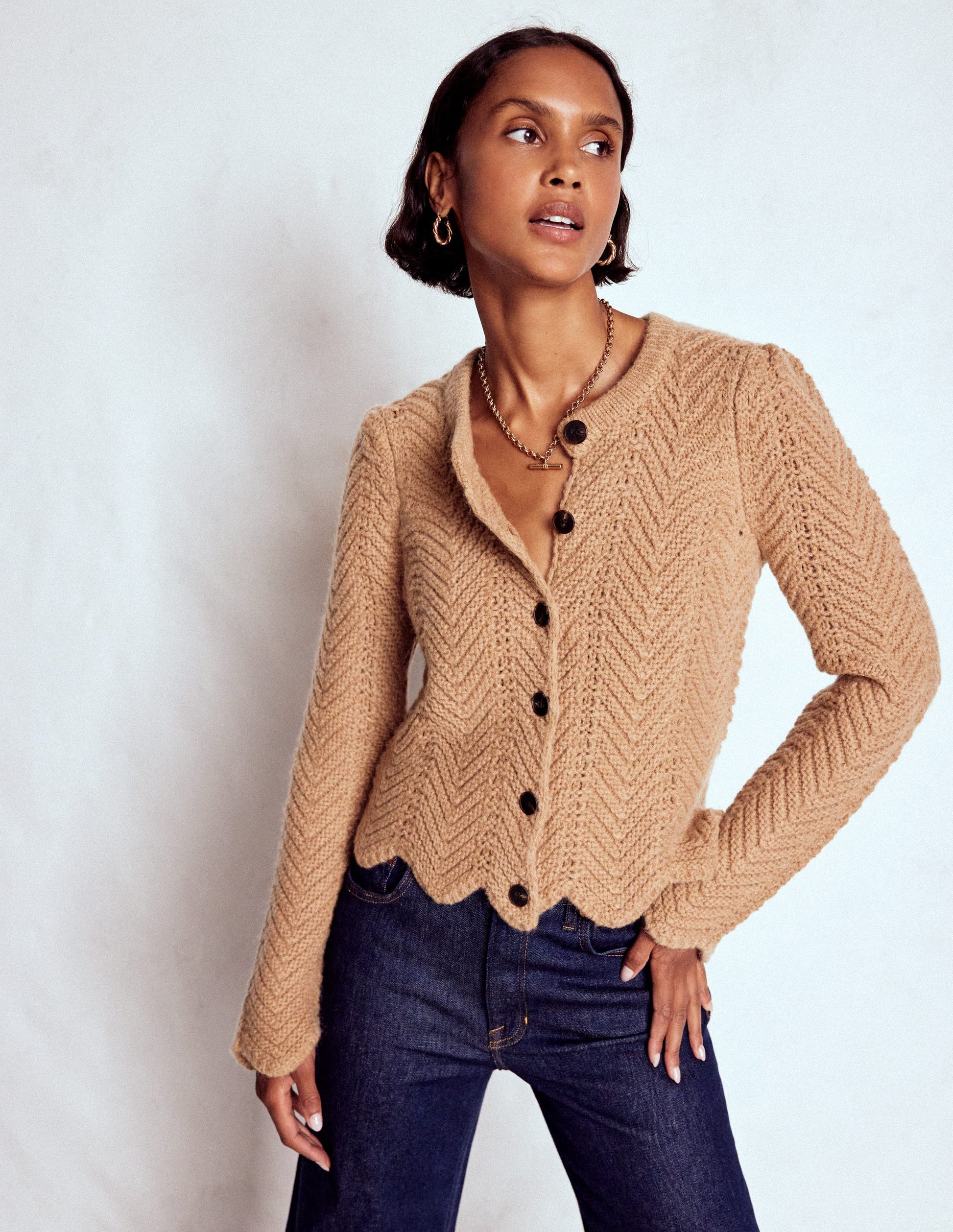 Chunky Chevron Knitted Jacket-Camel-5