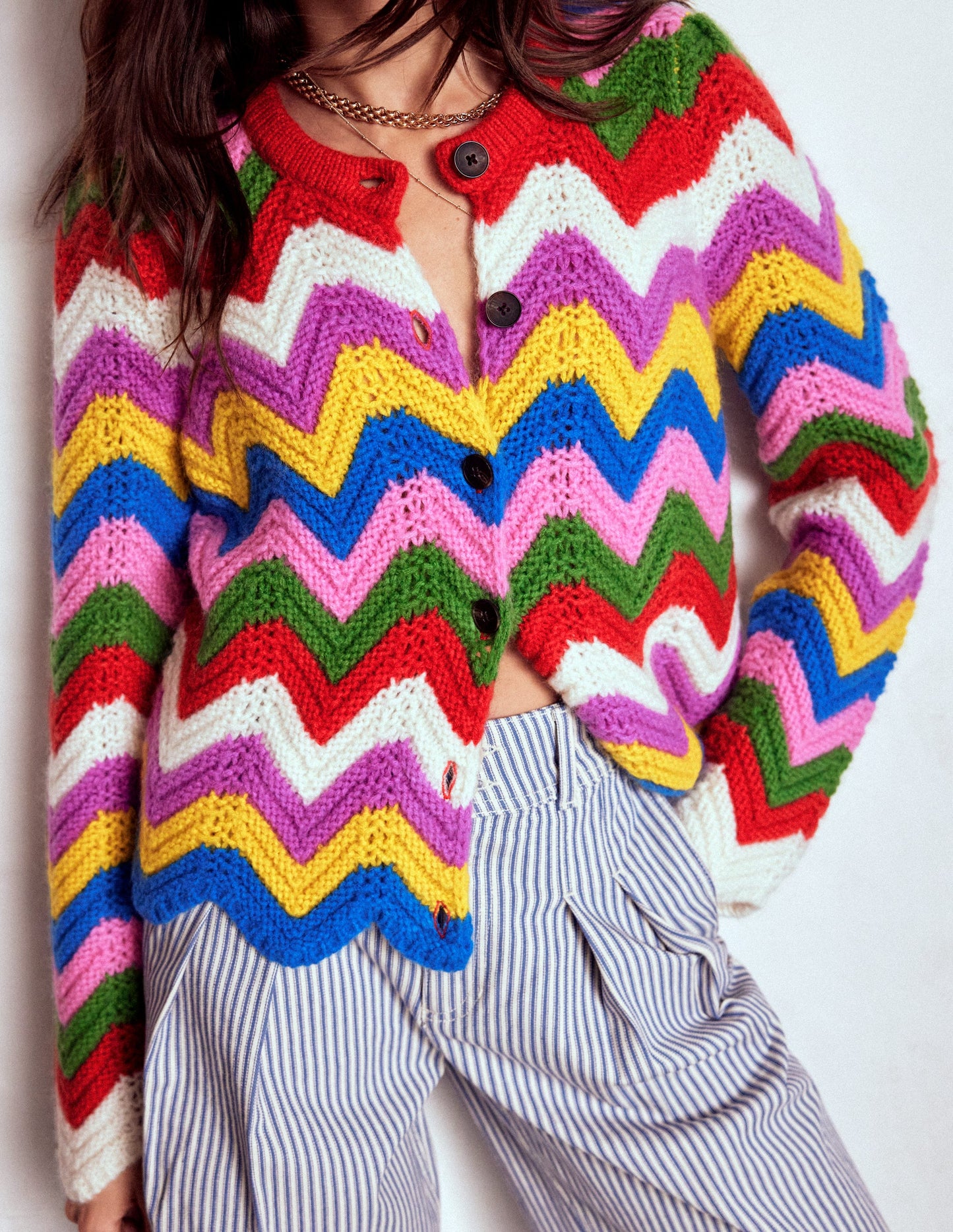 Chunky Chevron Knitted Jacket-Multi, Zig Zag